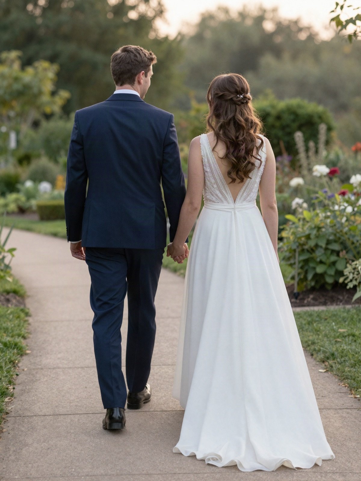 A bride and groom walking hand in hand along a garden path at sunset