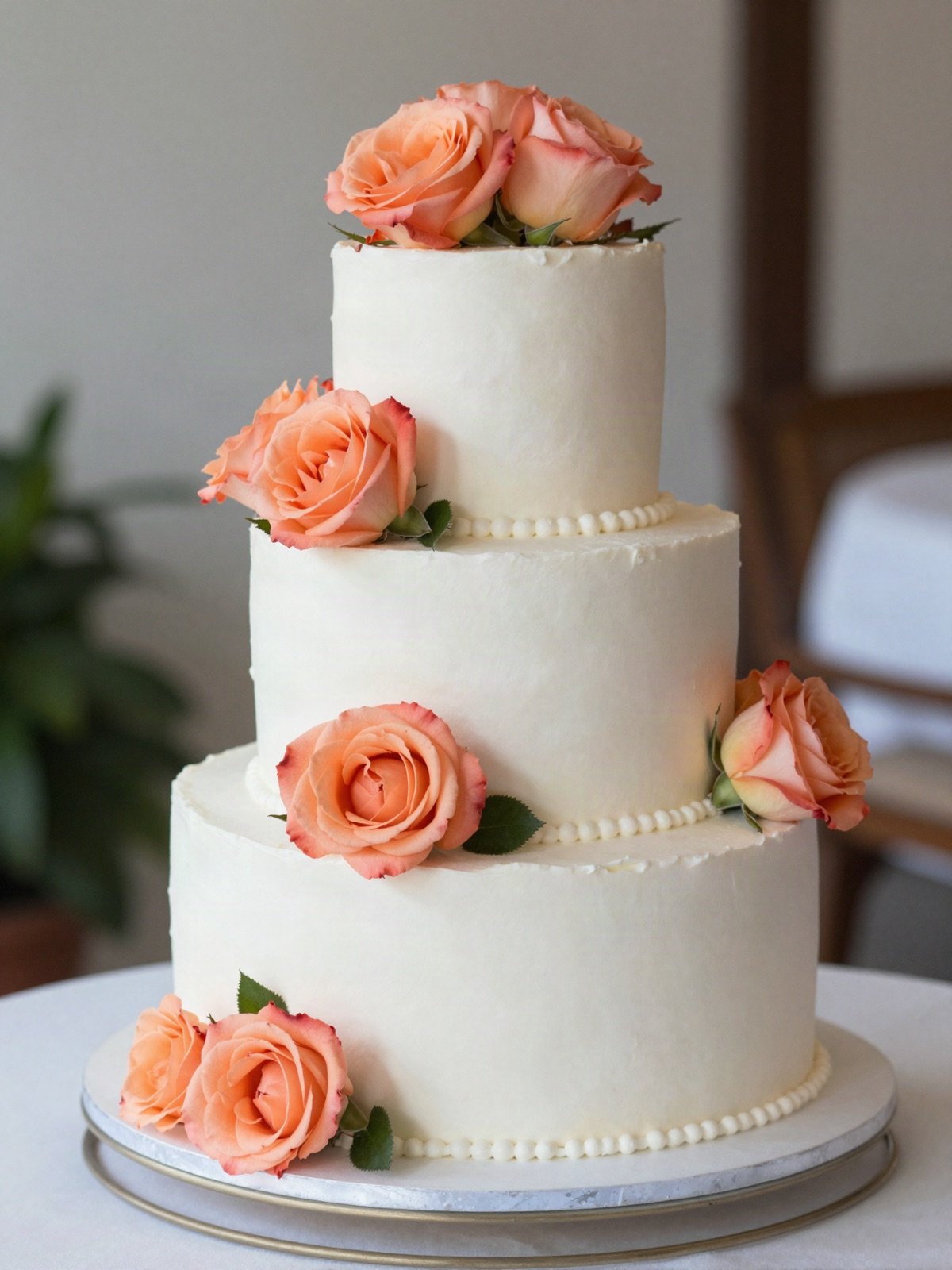 Three-tier white wedding cake decorated with peach roses