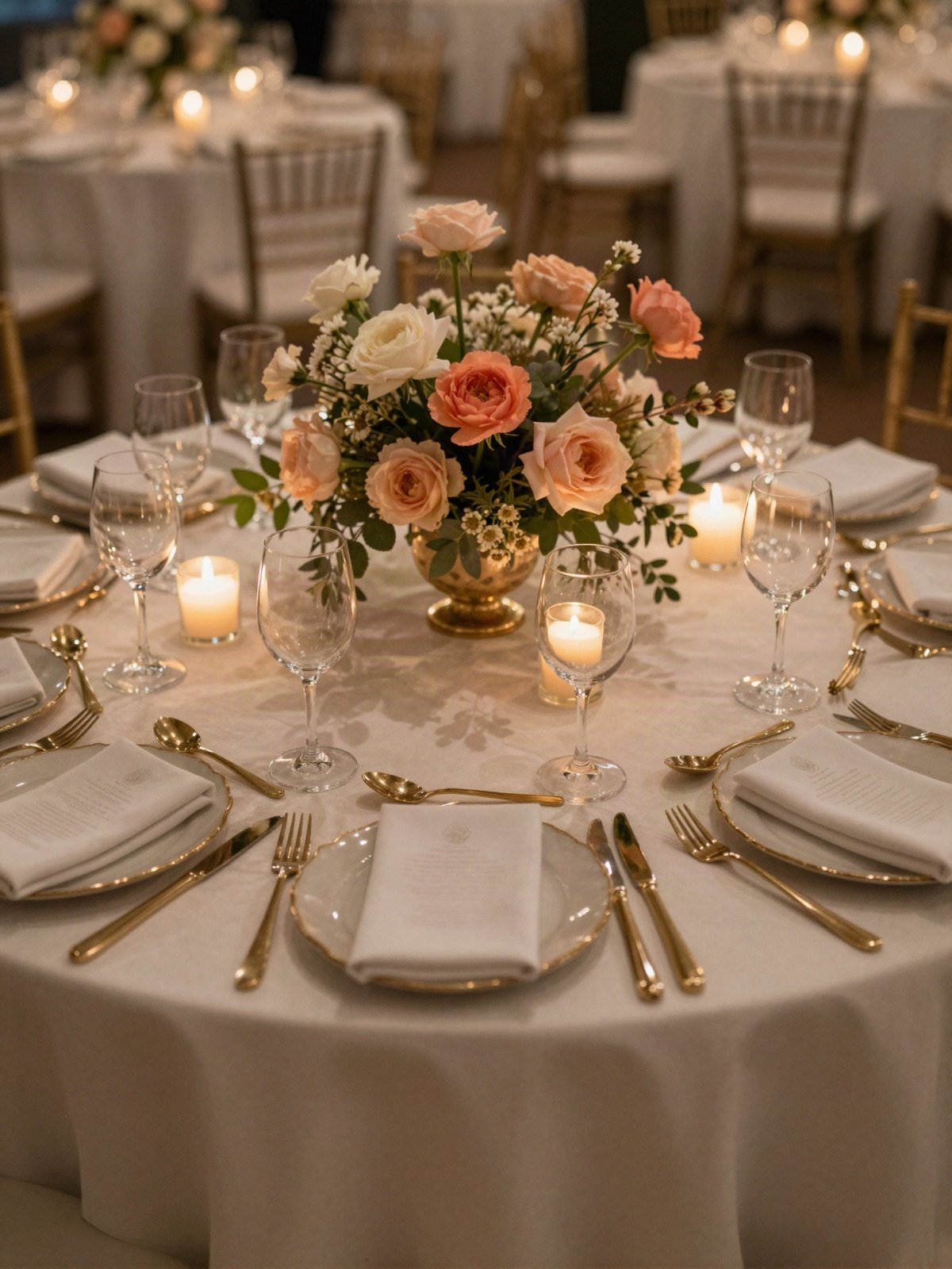 Reception table set with gold cutlery, candles and a floral centrepiece