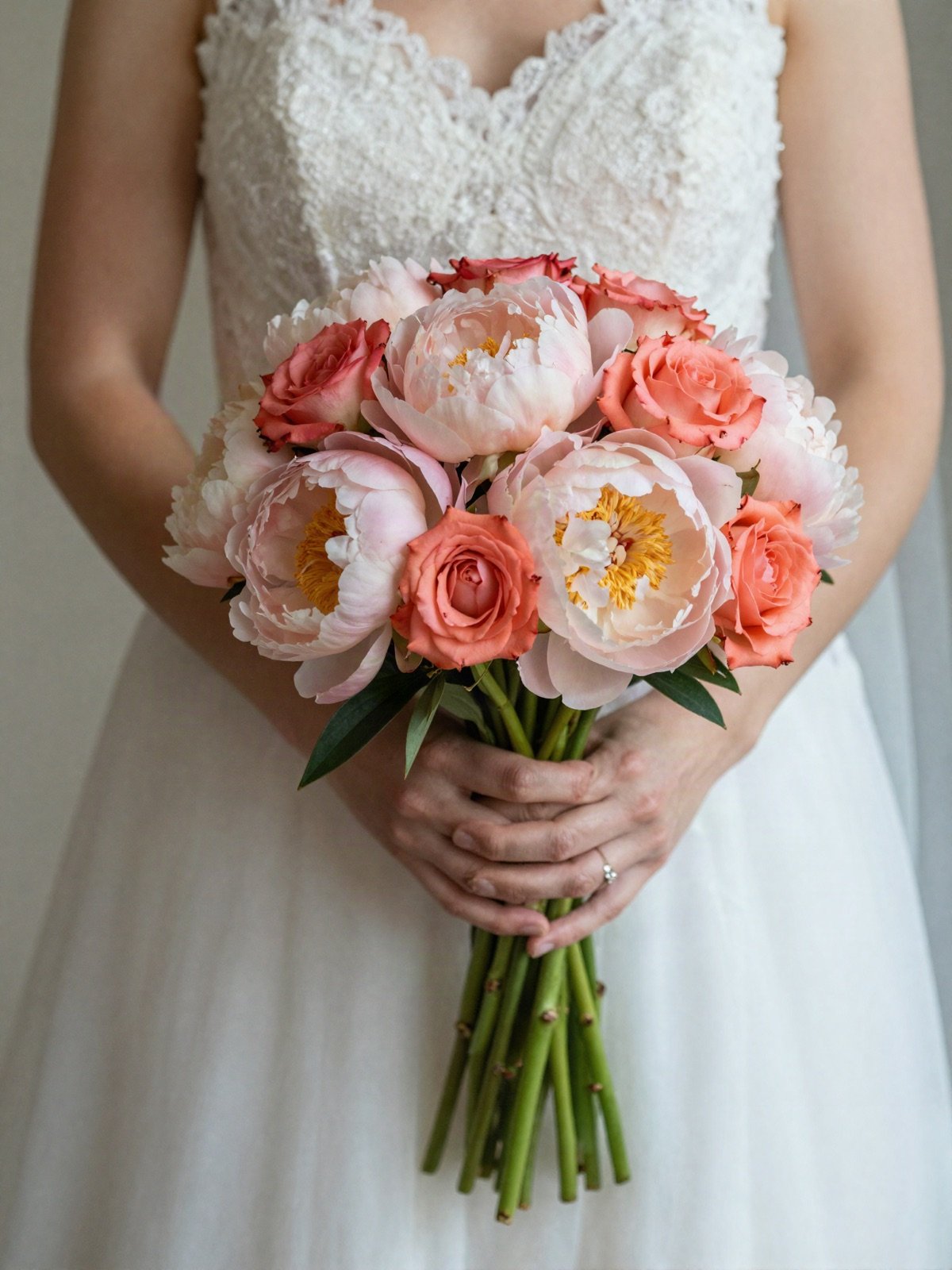 A bride holding a bouquet of peonies and coral roses