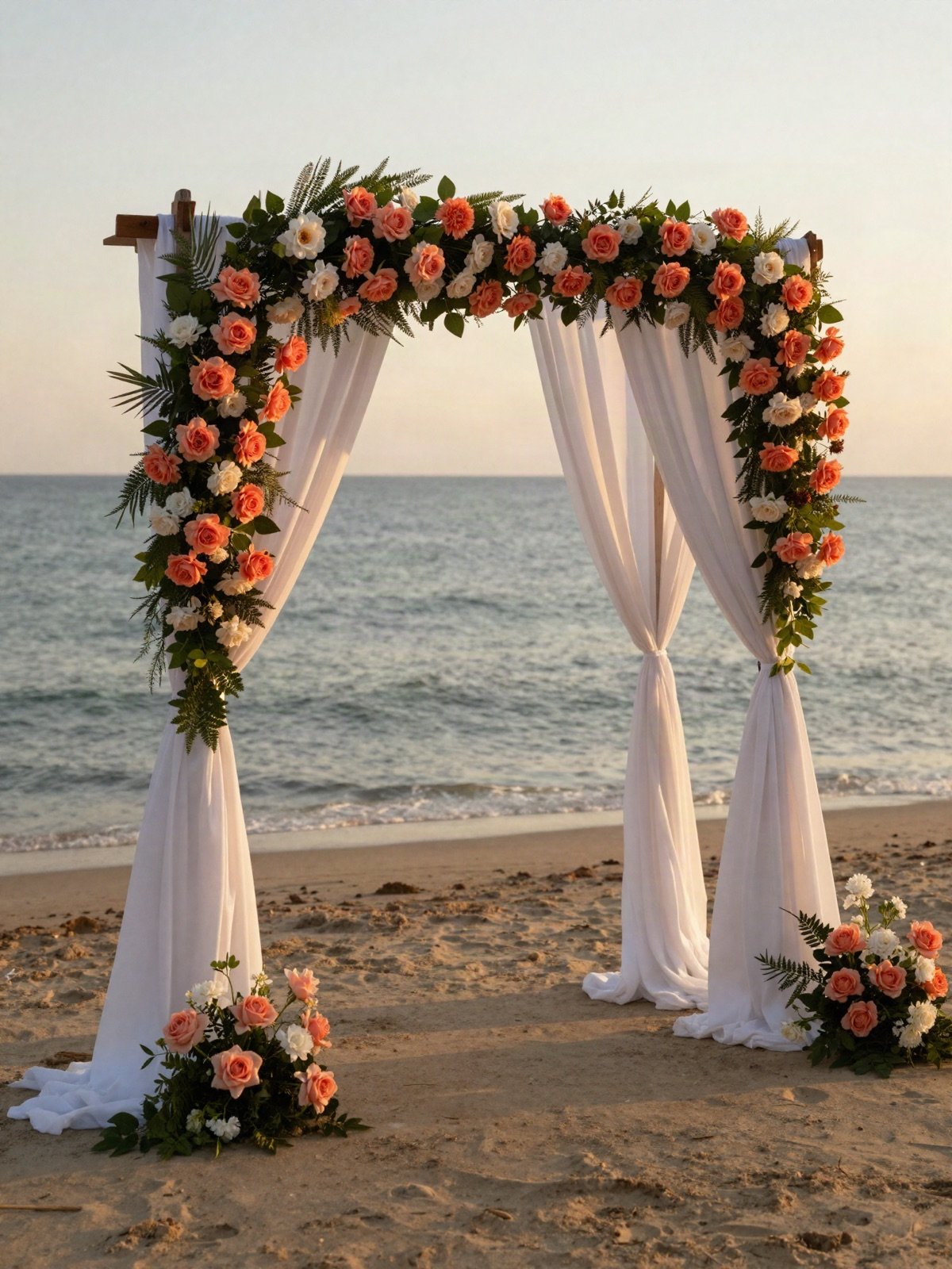 A floral wedding arch with white drapes on a beach at sunset
