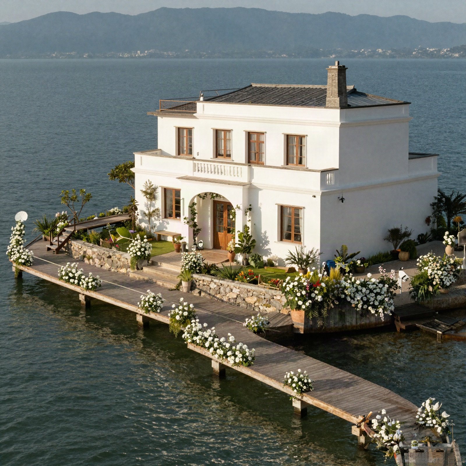 White lakeside villa with a flower-lined wooden jetty