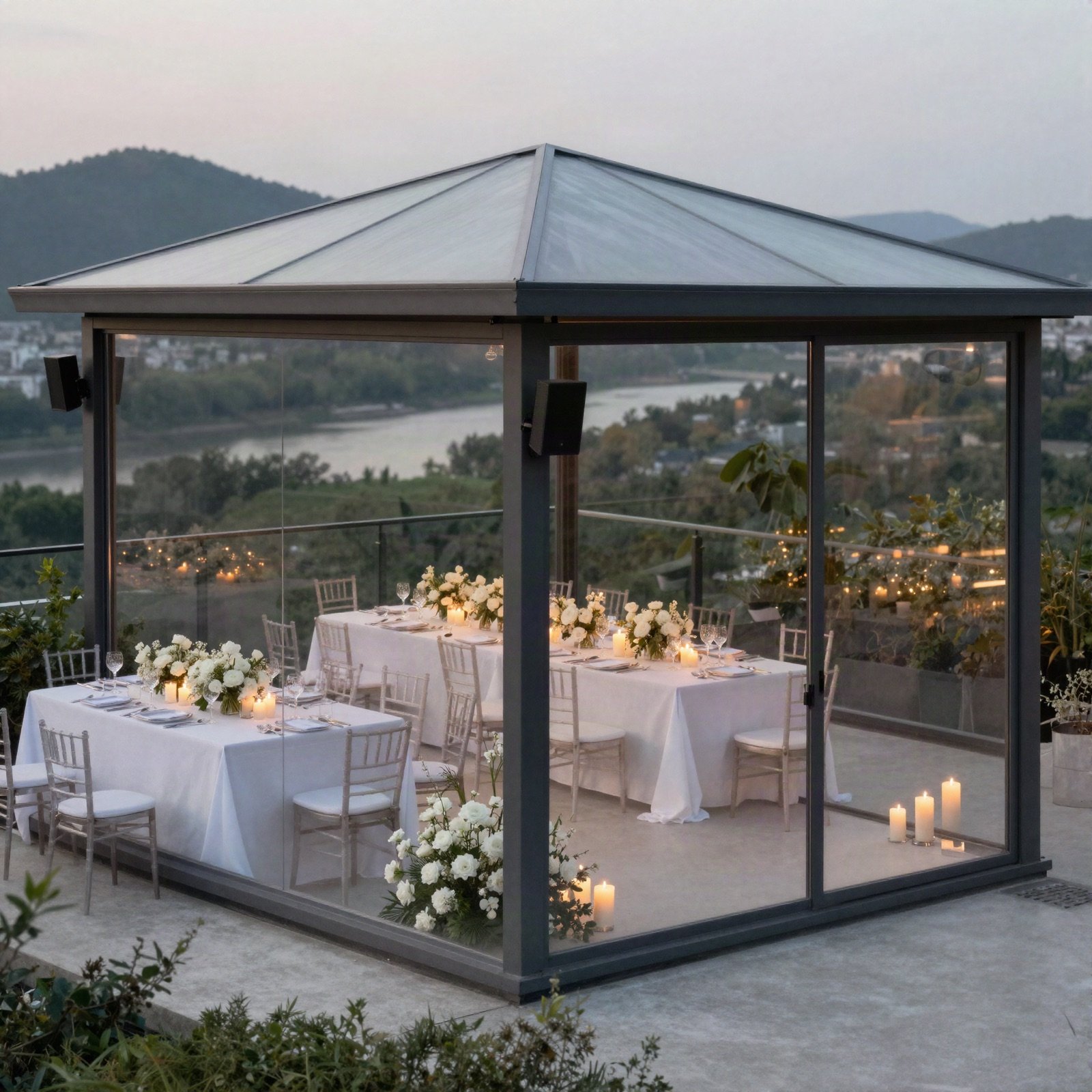 Glass rooftop pavilion set for a candlelit wedding dinner