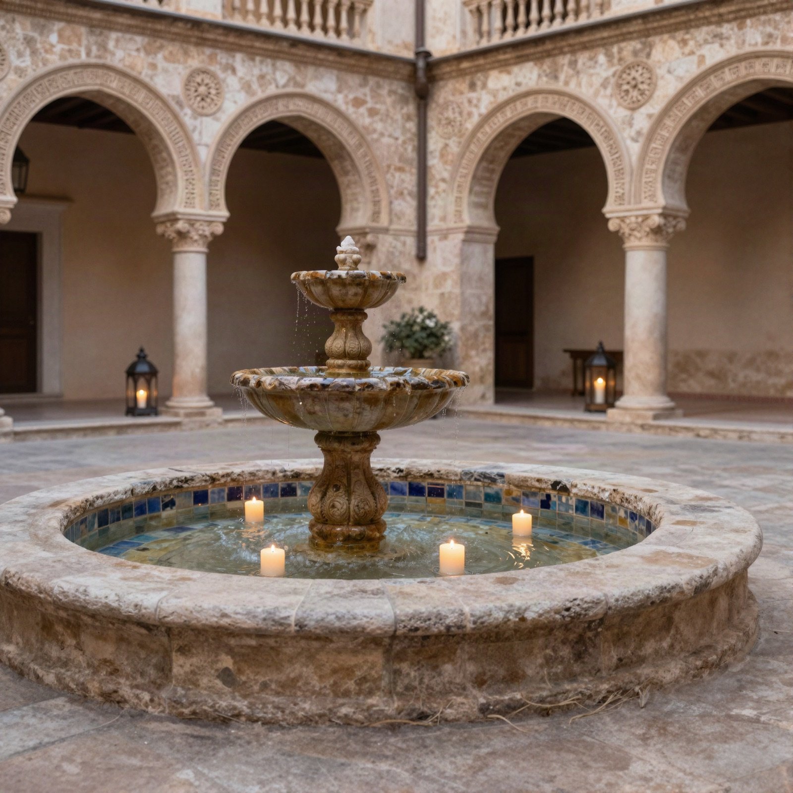 Stone courtyard with carved arches and a candlelit fountain
