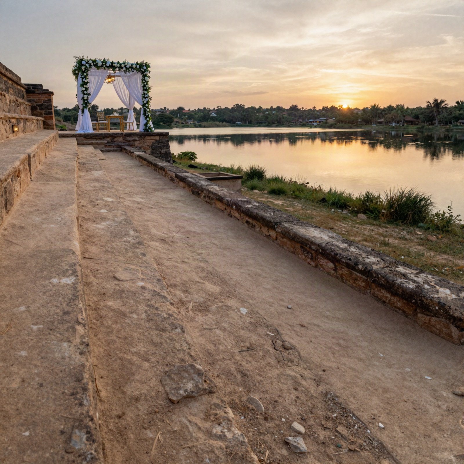 Sandstone fort terrace with a wedding canopy above a lake at sunset