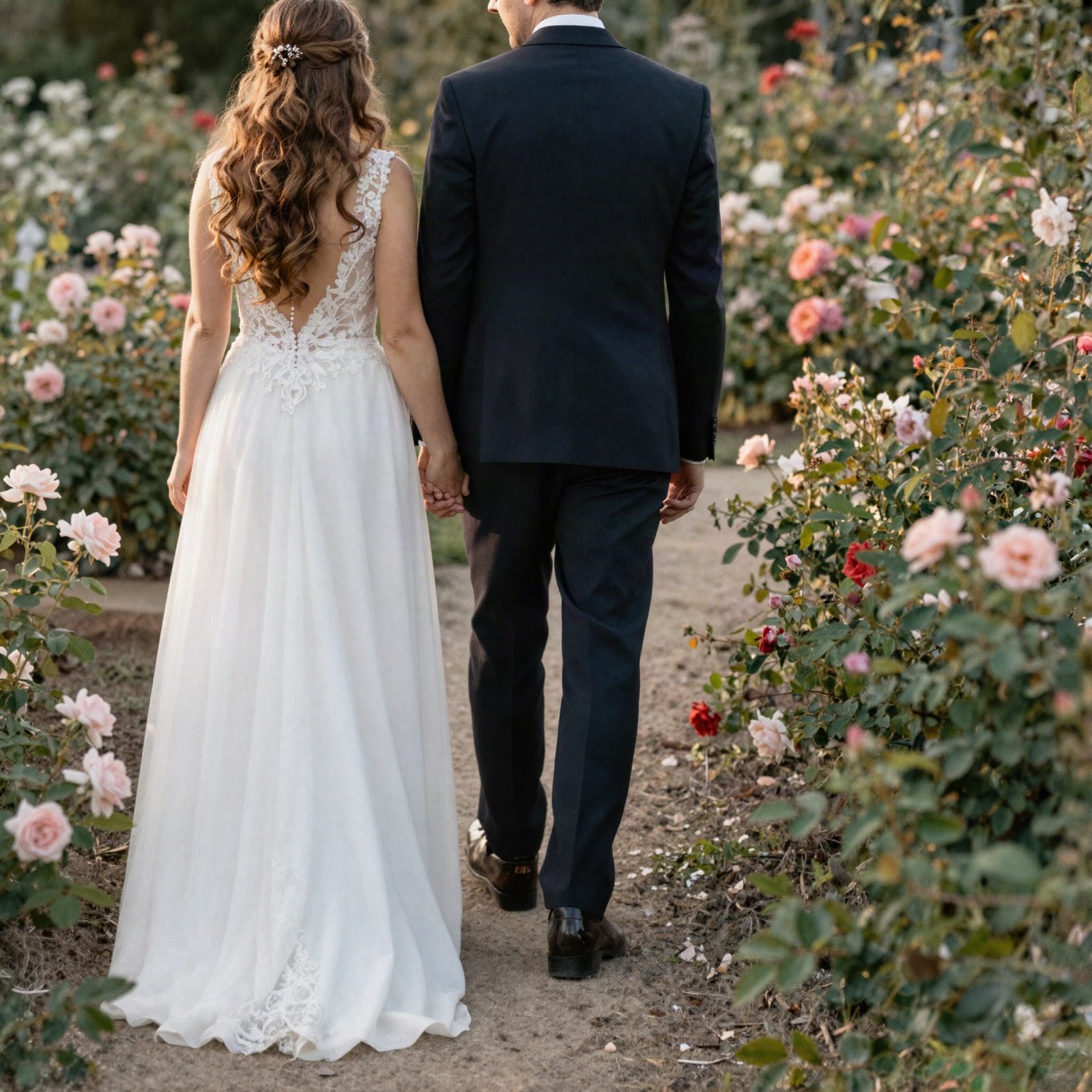 Bride and groom walking hand in hand through a rose garden