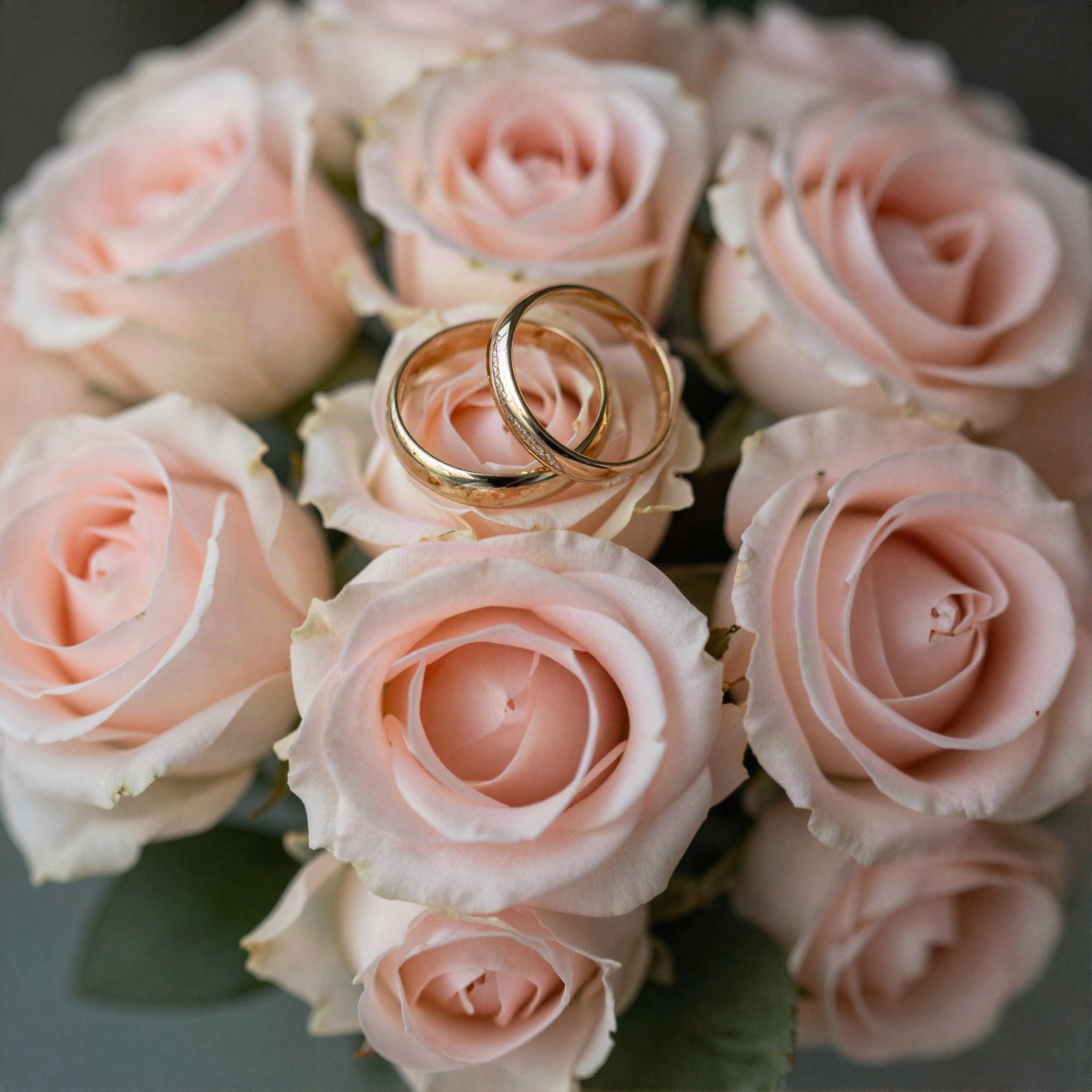 Two gold wedding rings resting on pink roses