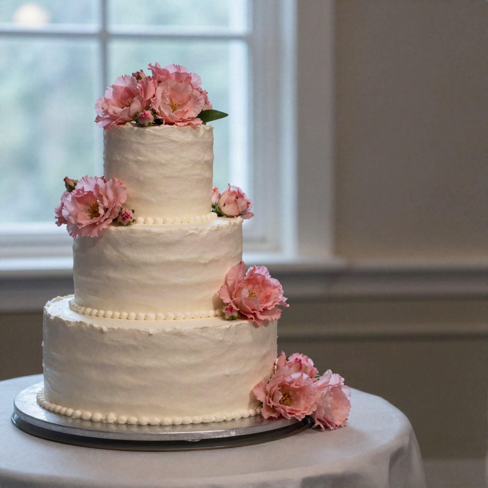 Three-tier white wedding cake with pink flowers