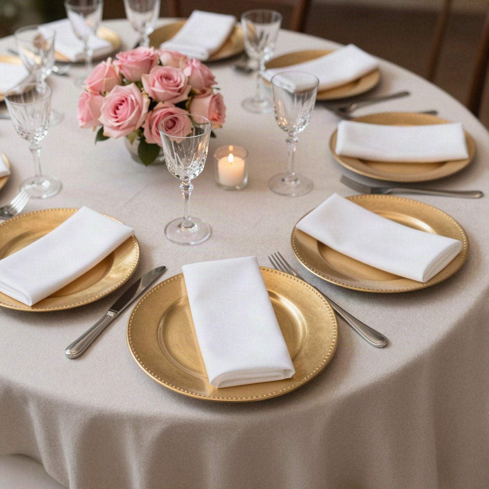 Round dinner table with gold chargers and pink roses