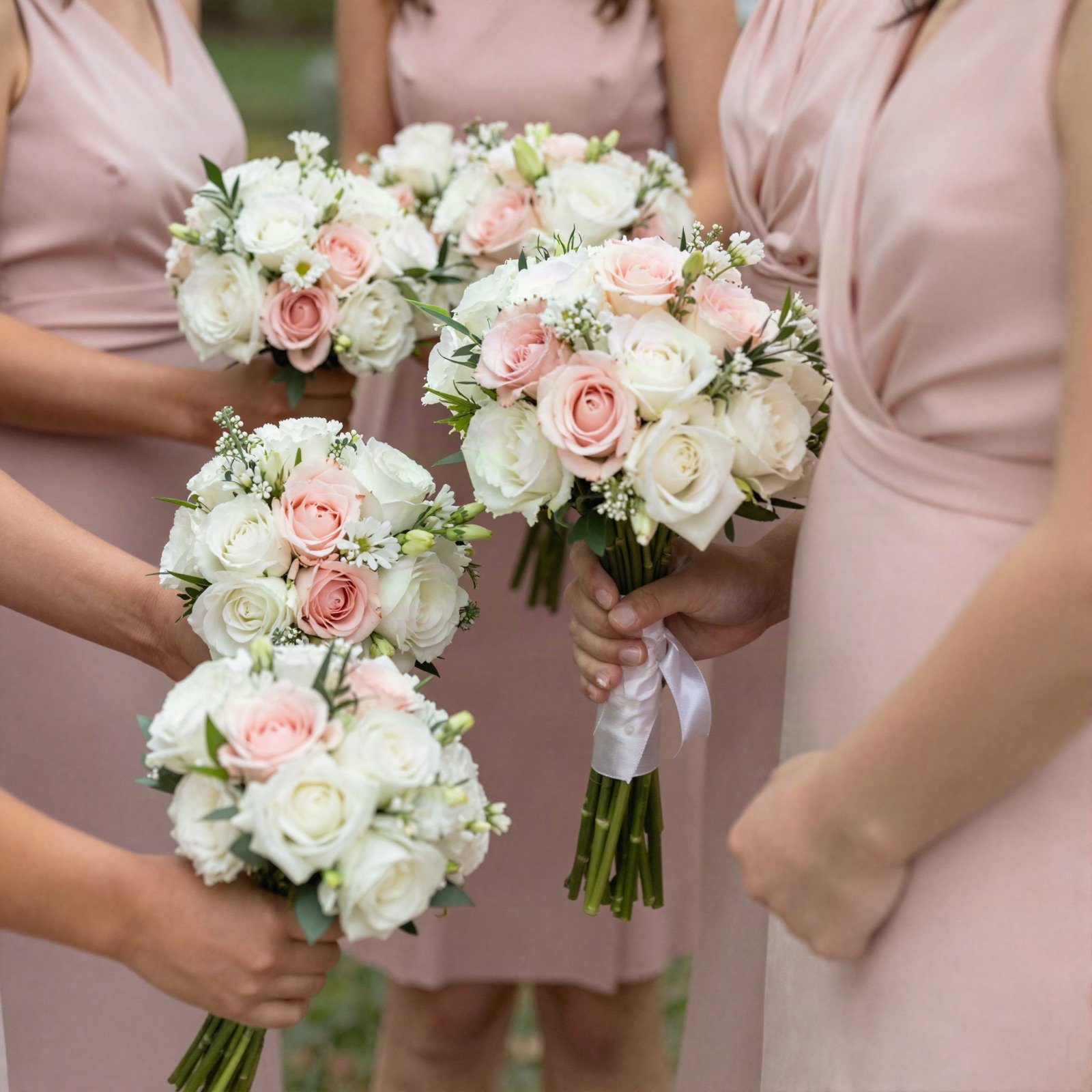 Bridesmaids holding pink and white bouquets