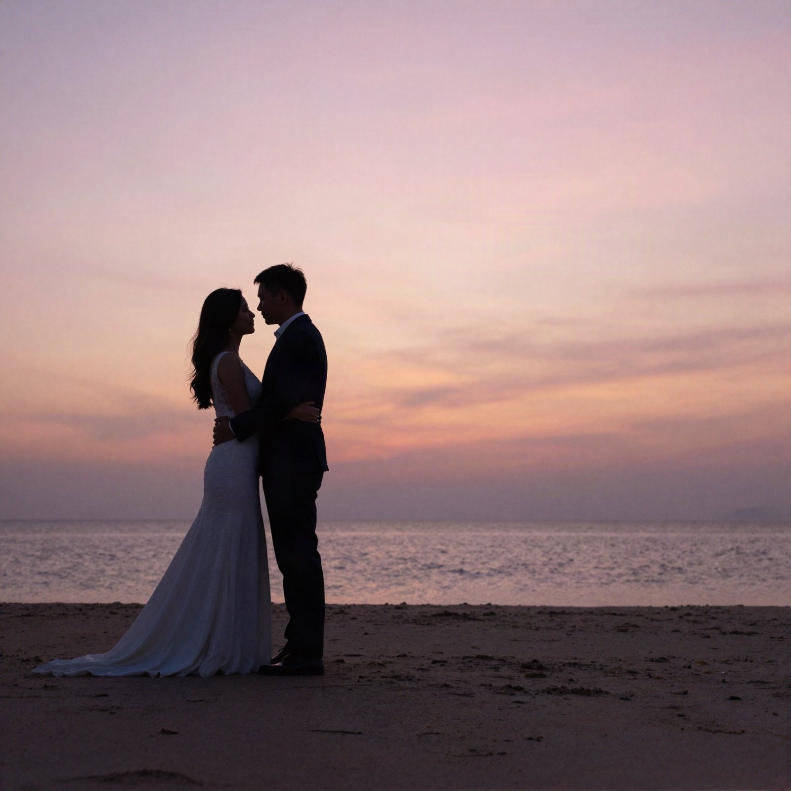 Silhouette of a couple embracing on a beach at sunset