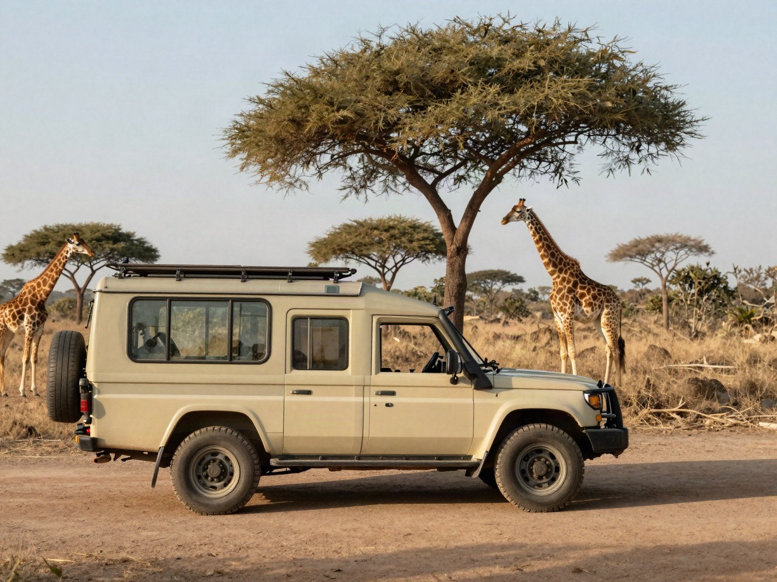 Safari vehicle on a dirt track with giraffes grazing beside acacia trees