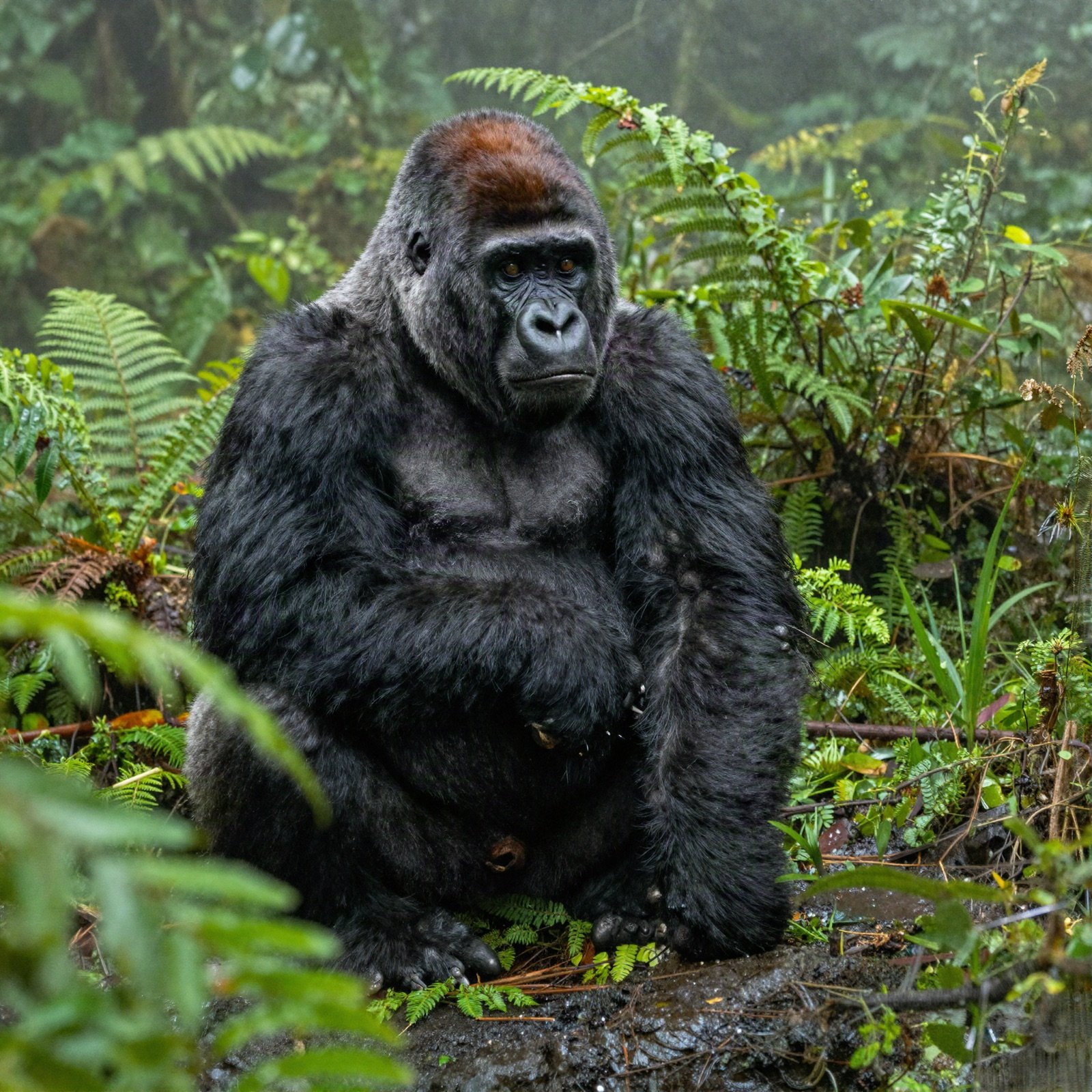 Mountain gorilla sitting among ferns in a misty rainforest