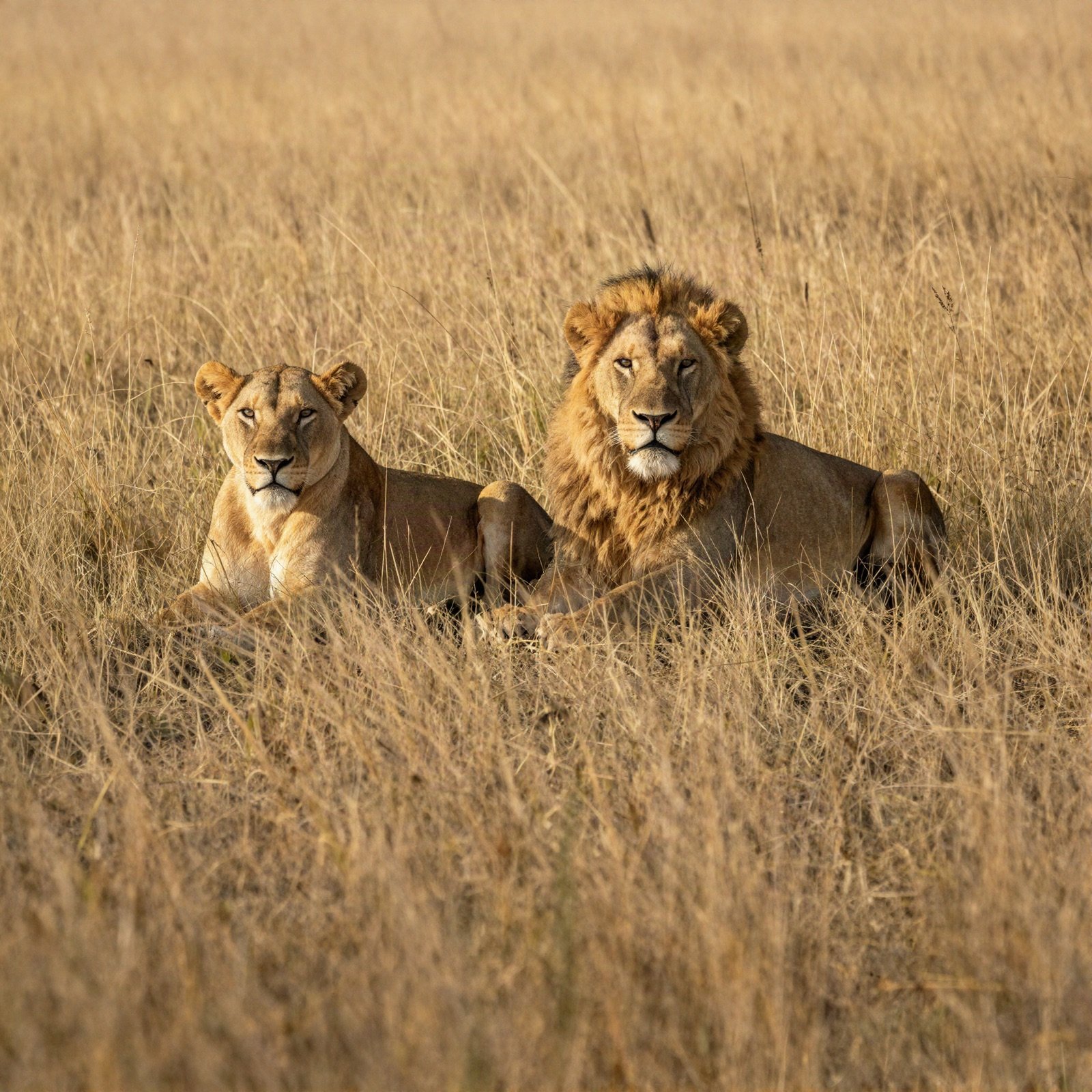 Lion and lioness resting in tall golden grass