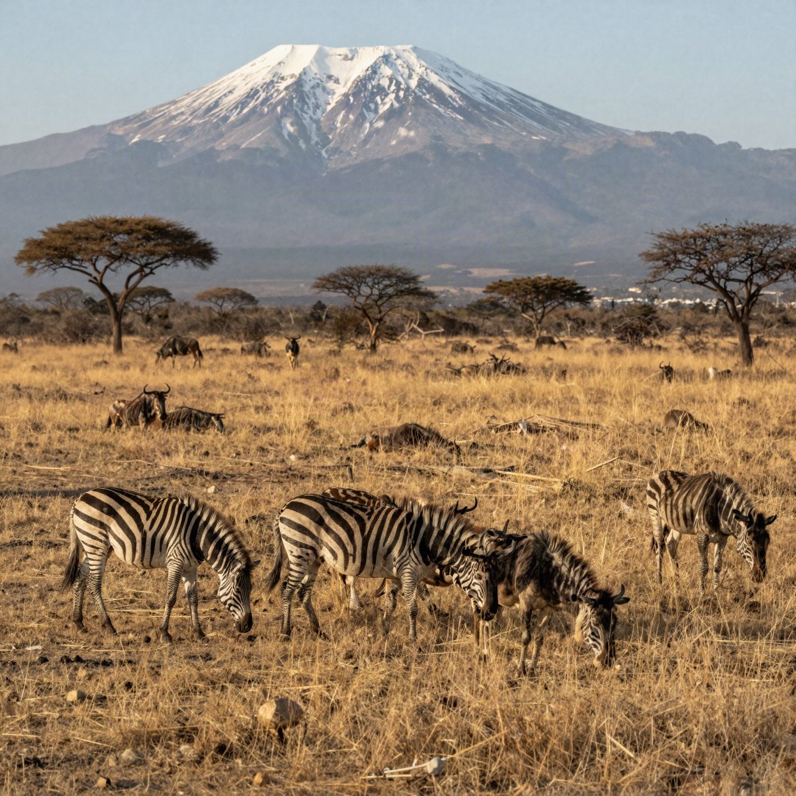 Zebras and wildebeest grazing on the plains below a snow-capped mountain