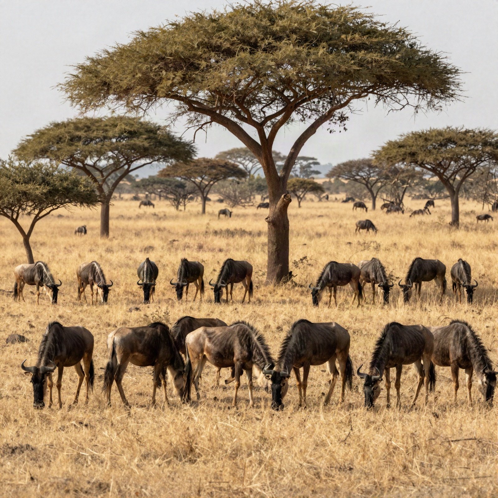Wildebeest grazing among acacia trees on the savanna
