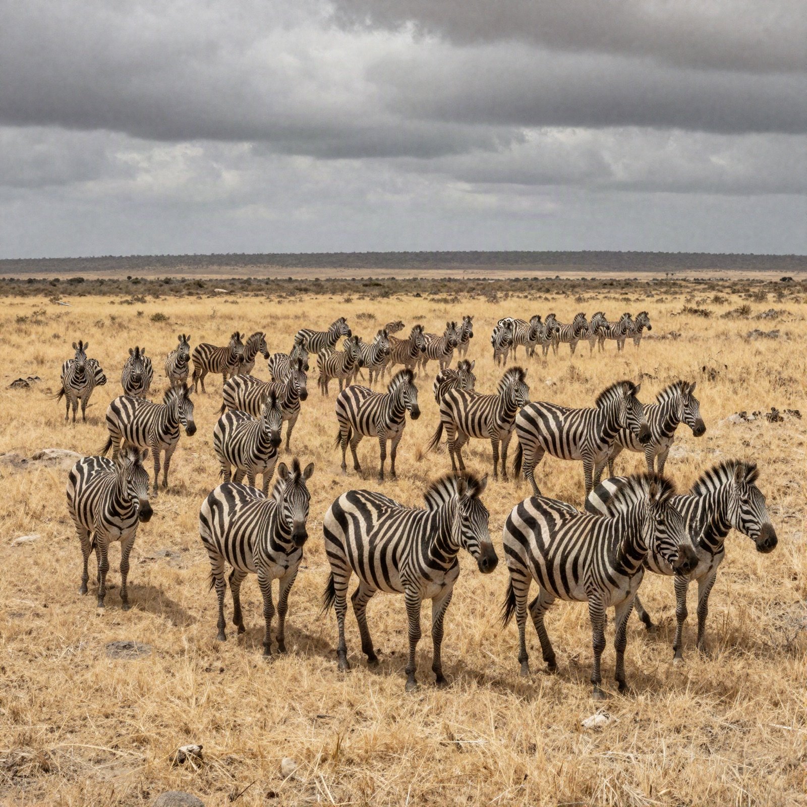 A herd of zebras crossing the savanna under a cloudy sky