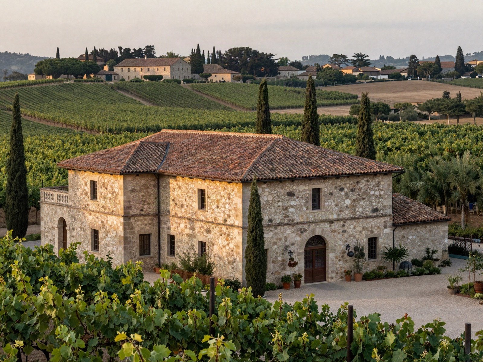 The historic stone estate house surrounded by vineyards and cypress trees