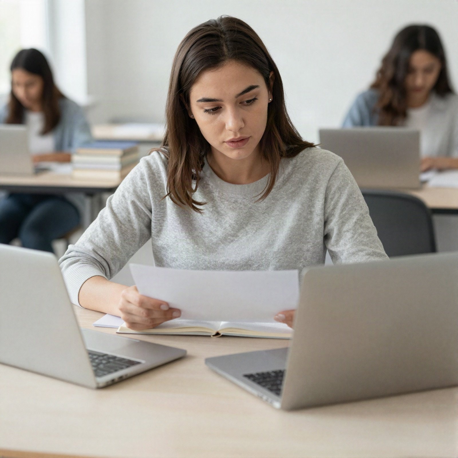 Young woman studying with notes and a laptop in a classroom