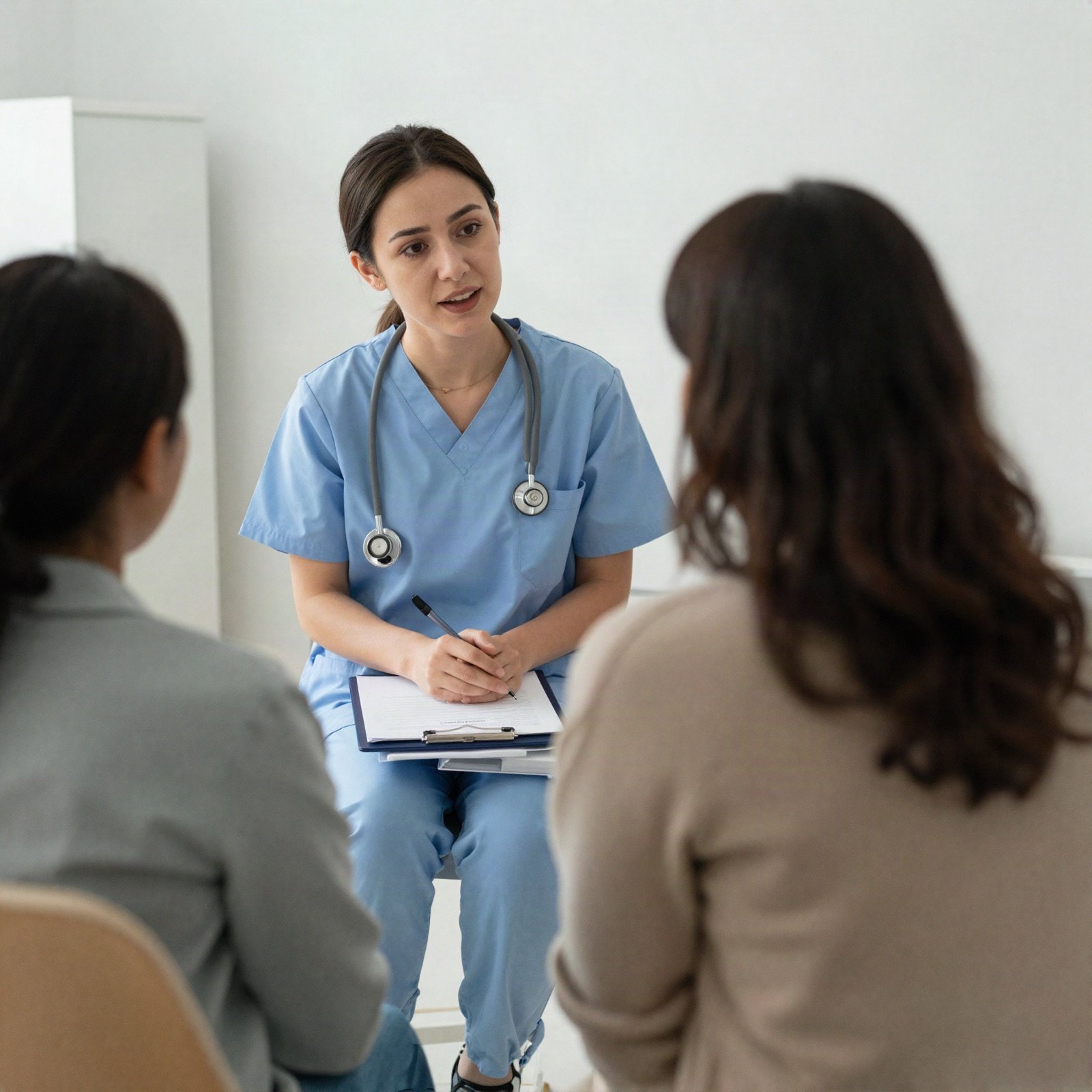 Nurse talking with women in a community health clinic