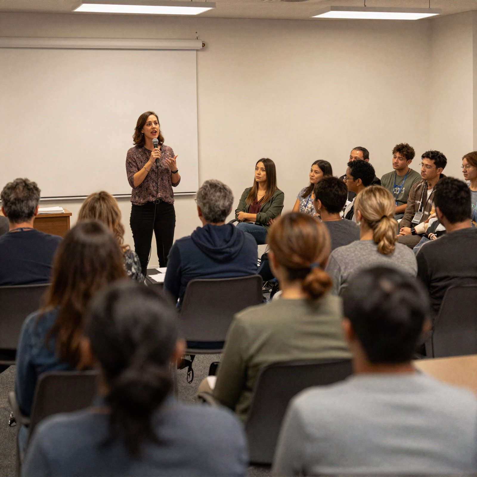 Woman speaking to an audience at a community forum