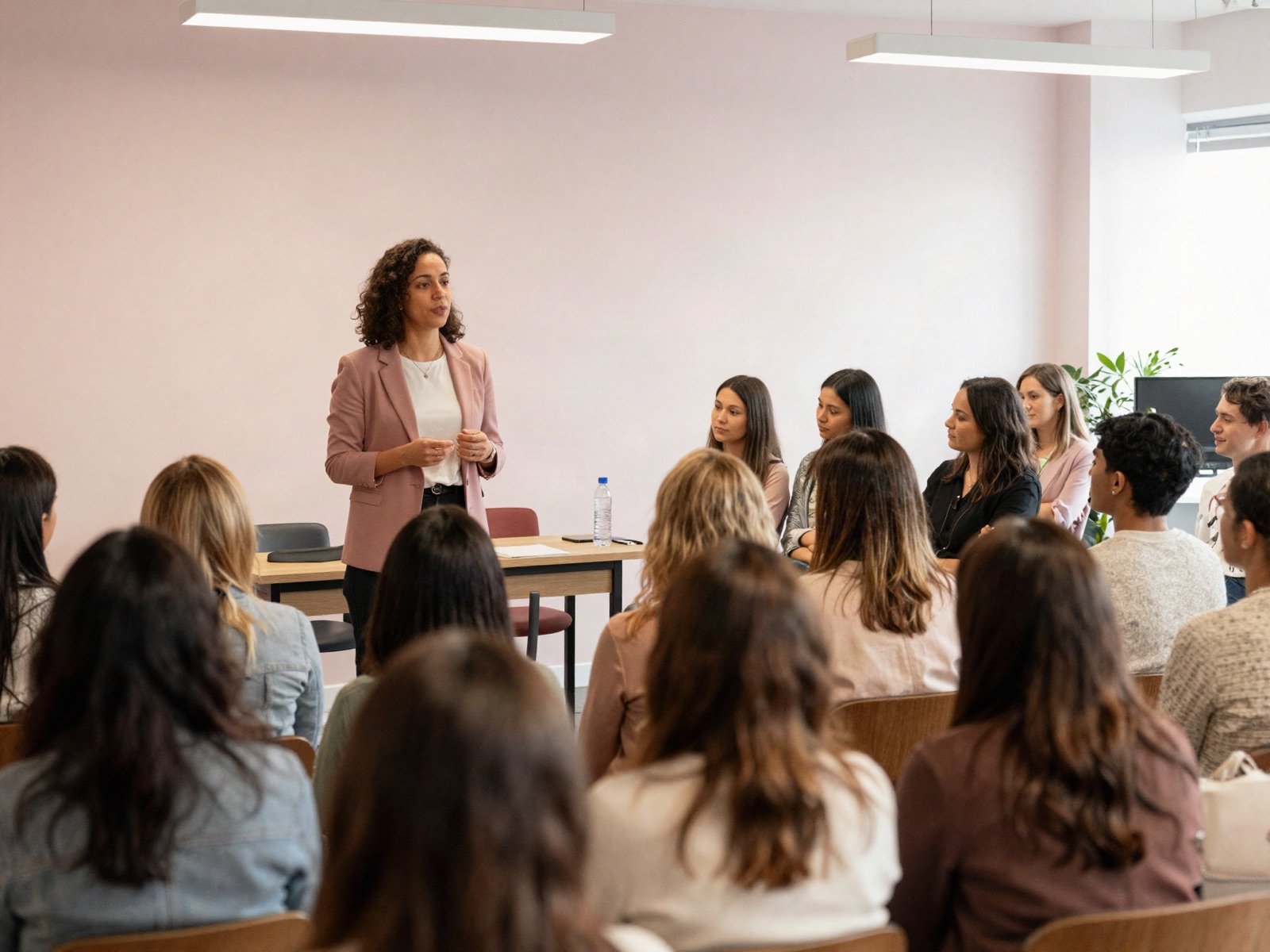 A woman speaking to an audience of women at a community workshop