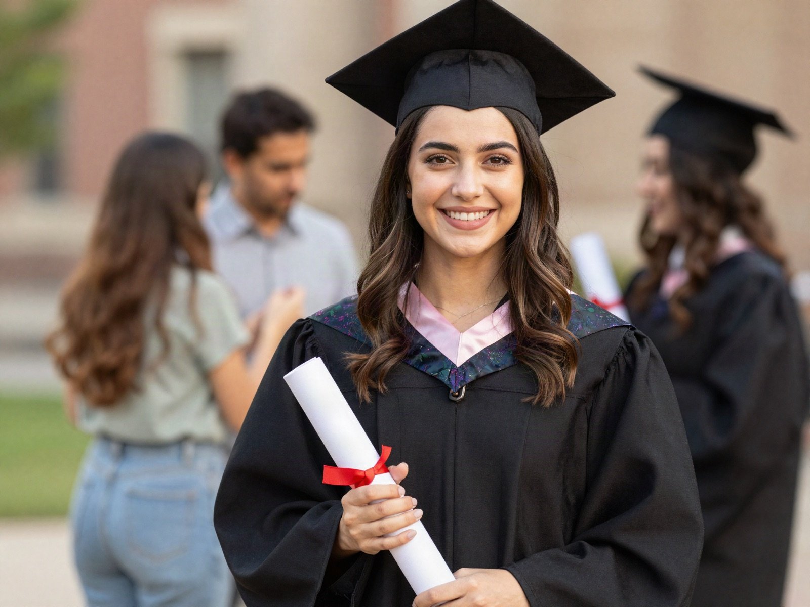 A smiling young woman graduate holding her diploma