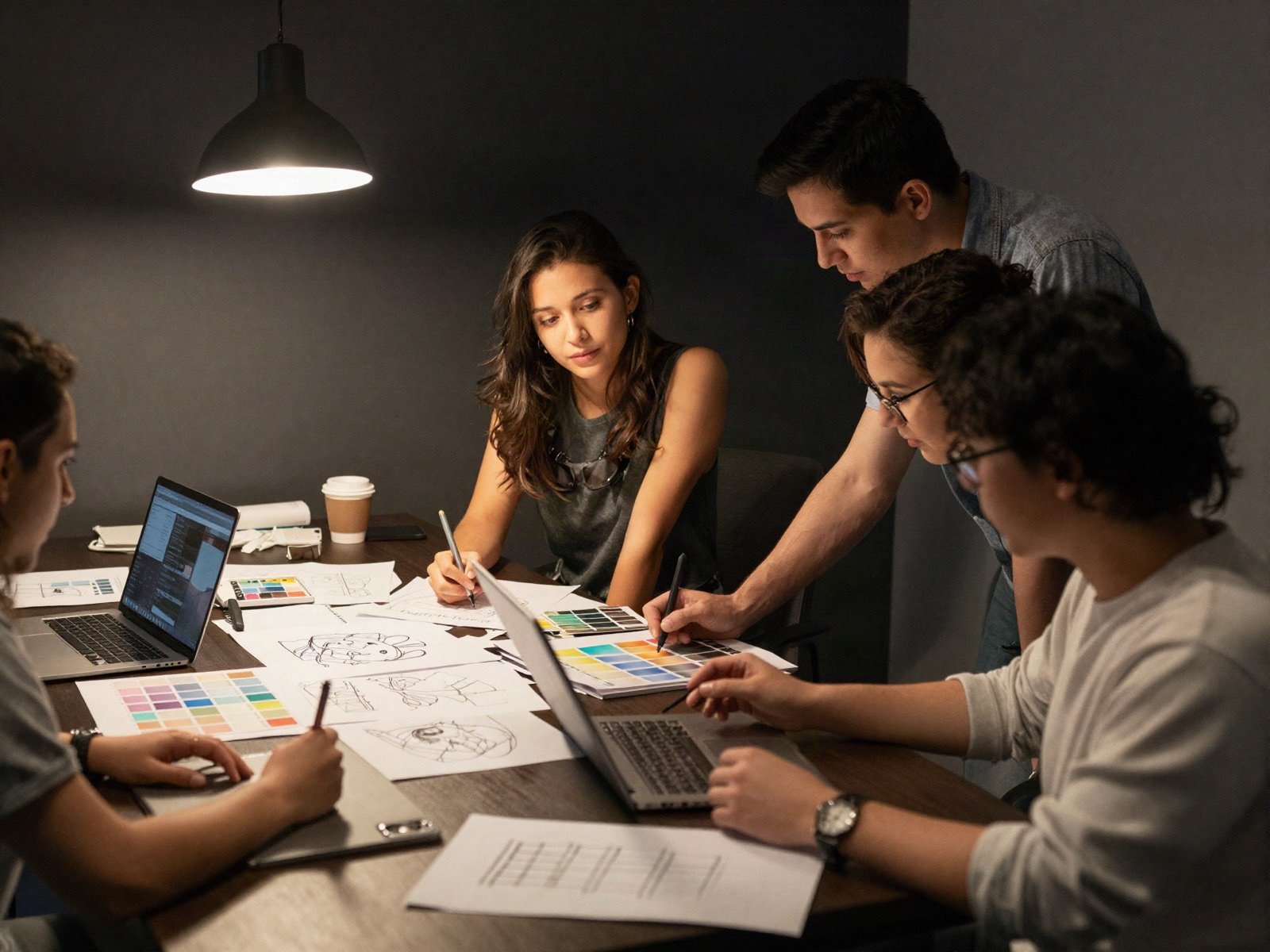 Design team working together over sketches, colour swatches and laptops