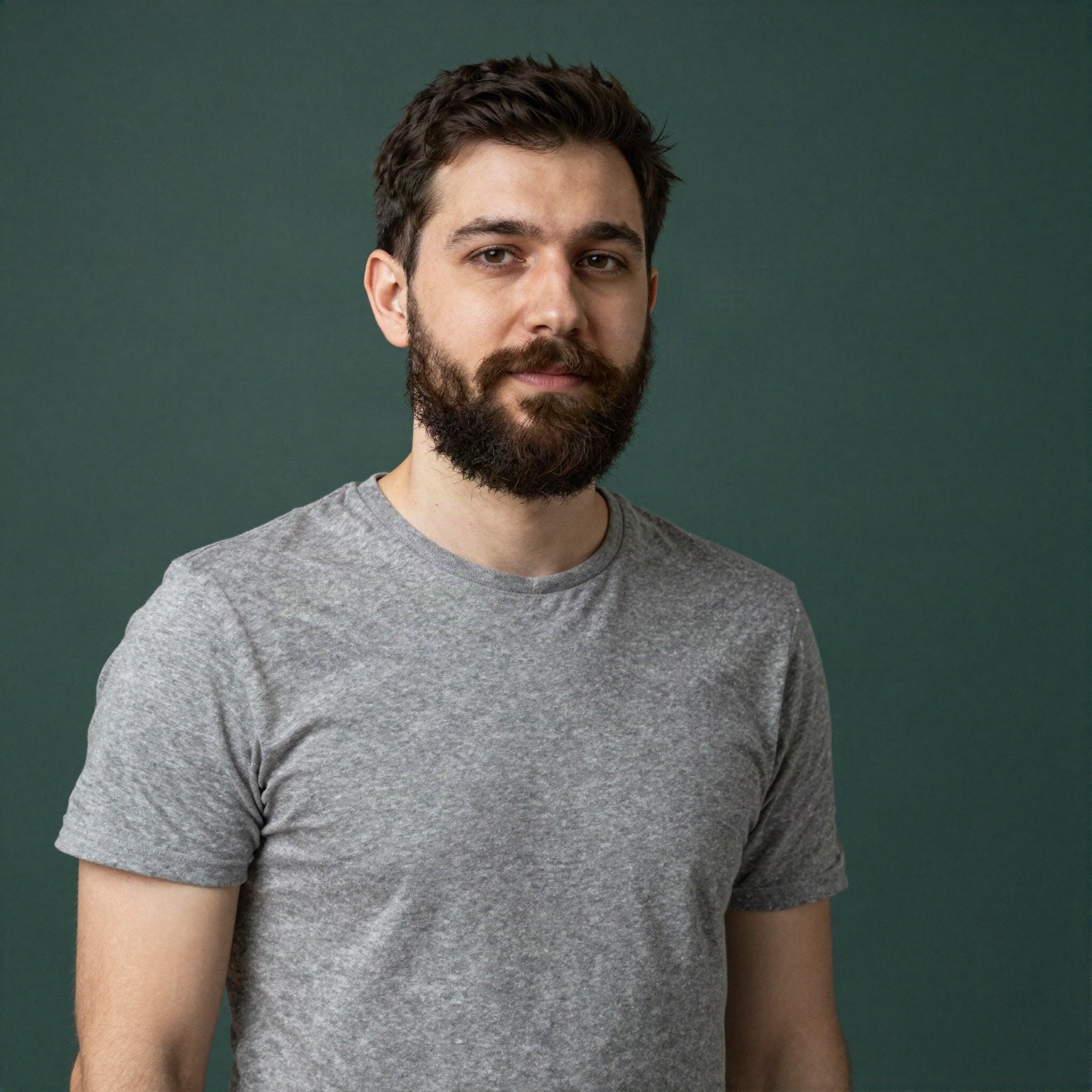 Bearded developer in a grey t-shirt