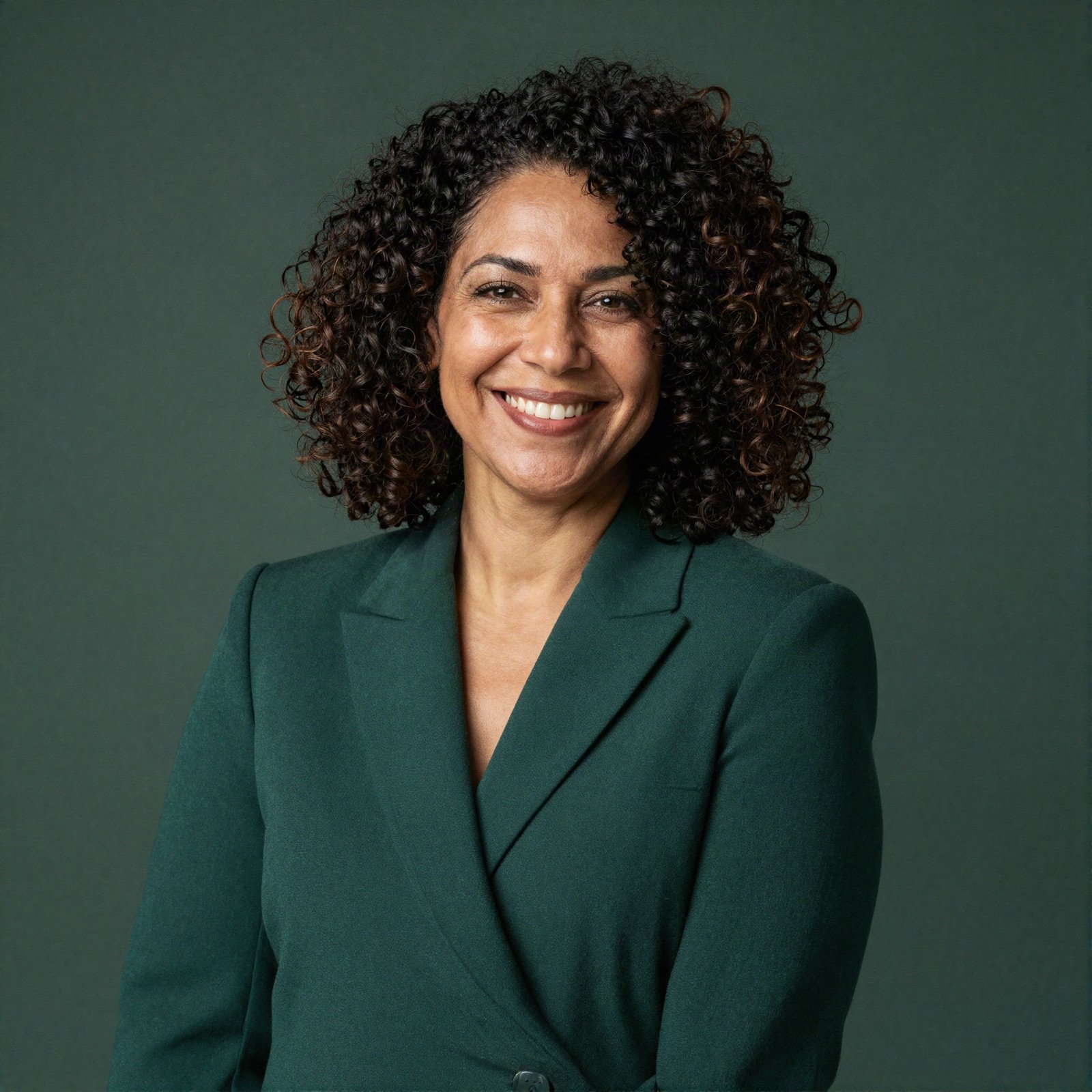 Smiling strategist with curly hair in a green blazer