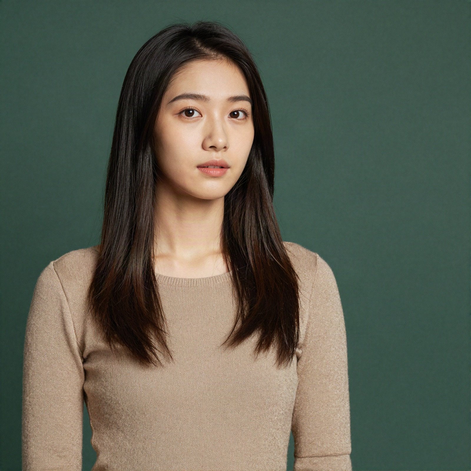 Designer with long dark hair in a beige top