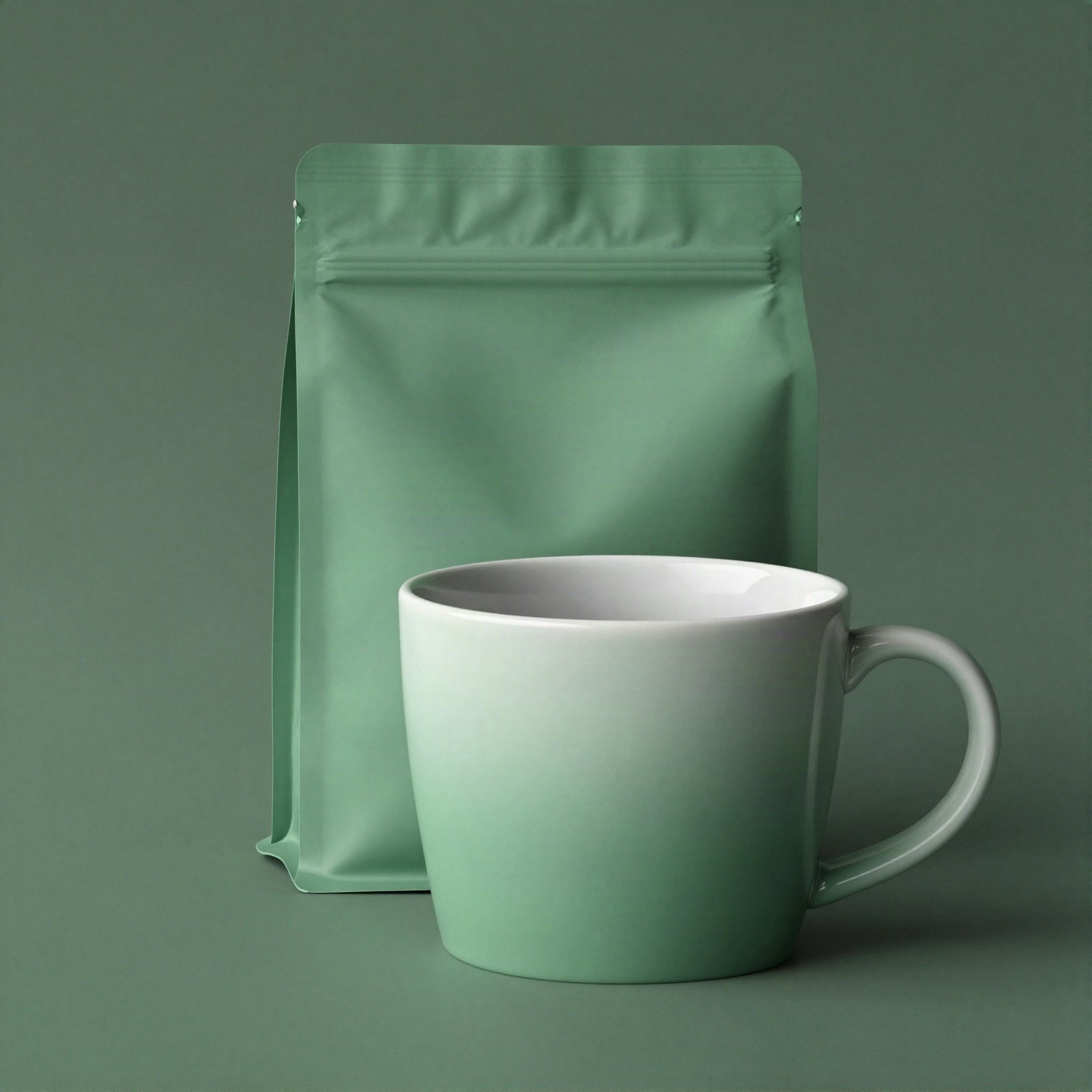 Matte green coffee bag and cup packaging design