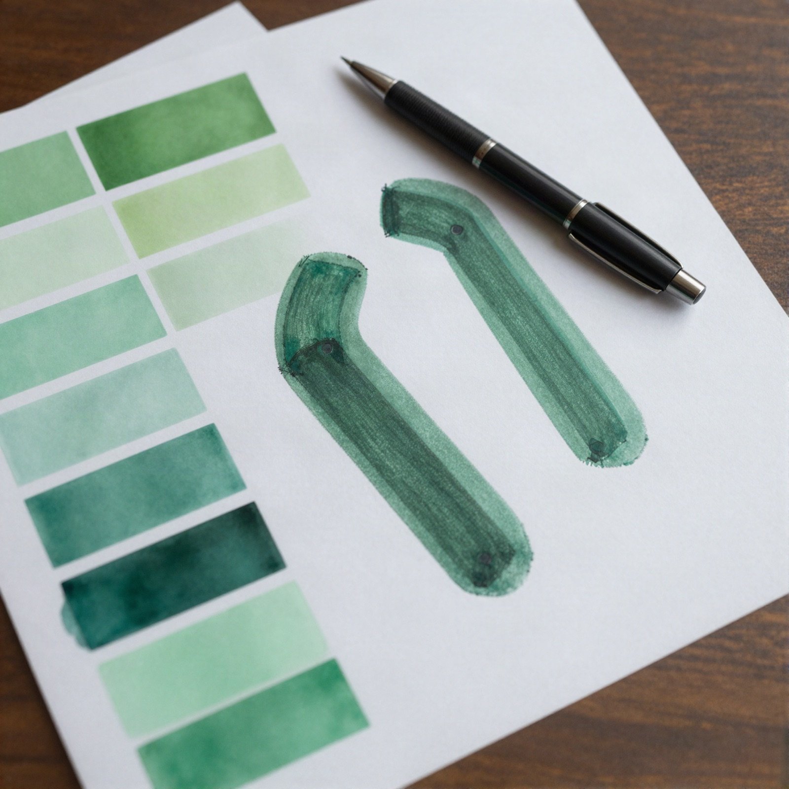Green colour swatches and brush strokes on paper