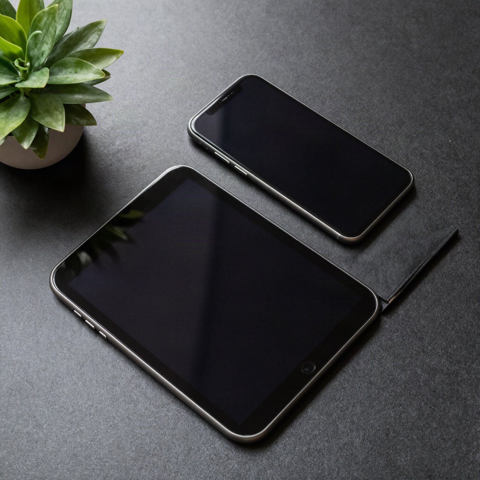 Phone and tablet on a dark desk beside a plant
