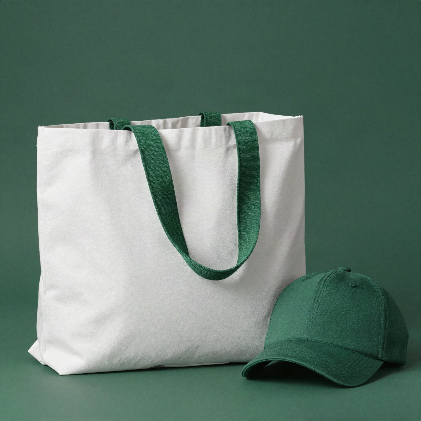 White tote bag and green cap merchandise
