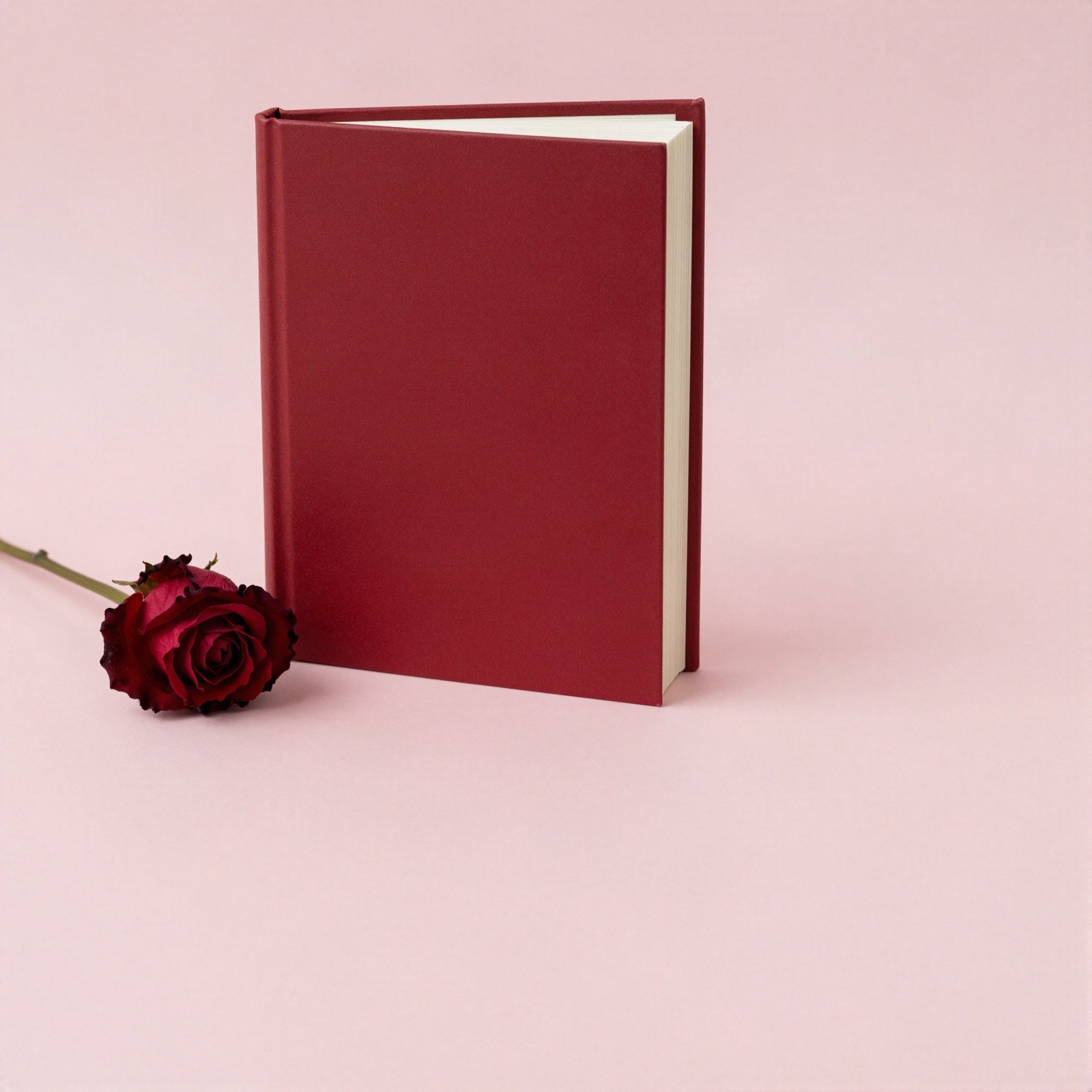 كتاب بغلاف صلب أحمر داكن بجانب وردة حمراء مجففة