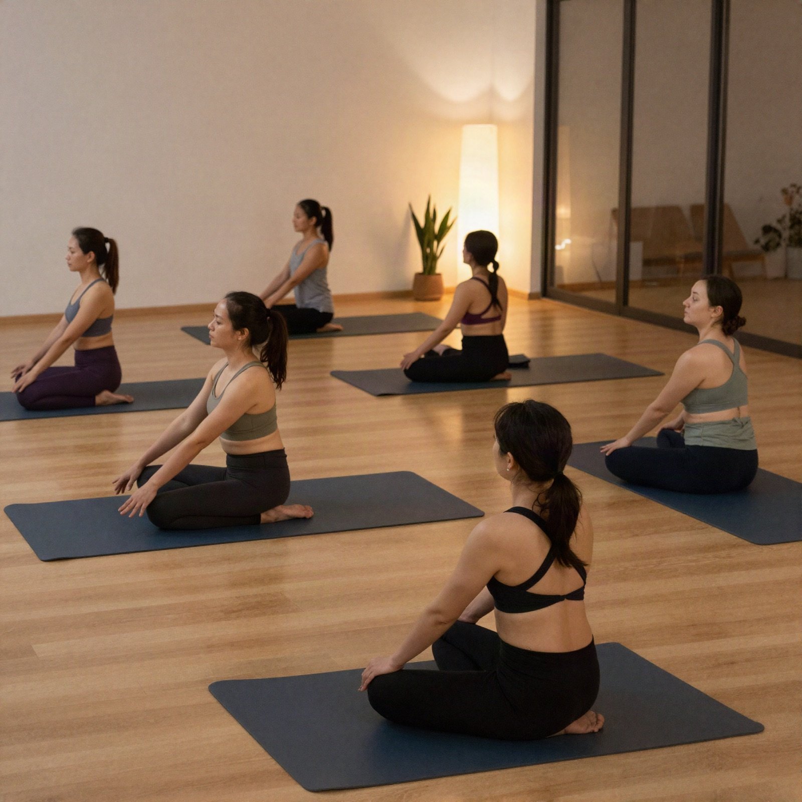 Small group yoga class seated on mats in a calm studio