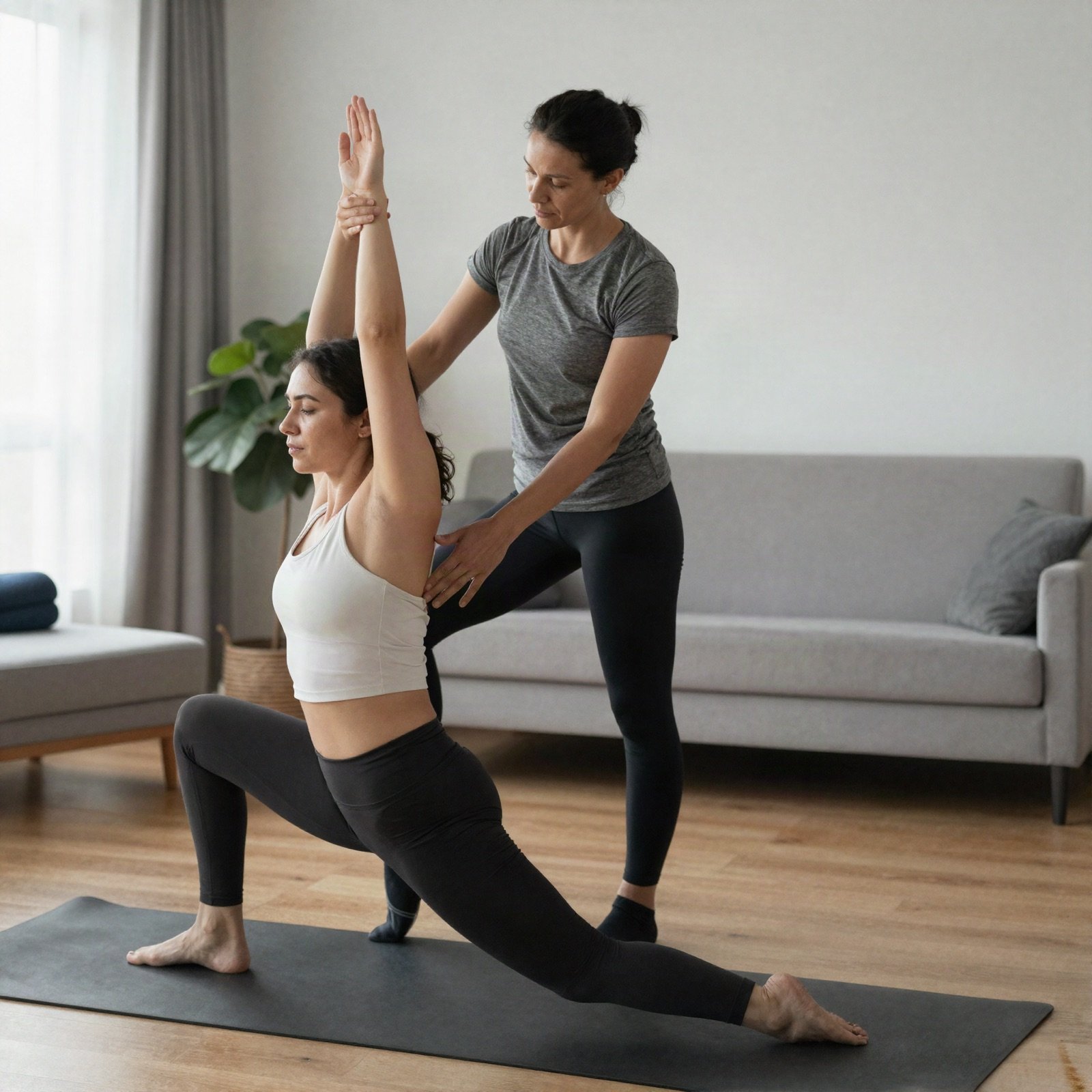 Teacher guiding a student in a lunge during a private yoga session at home