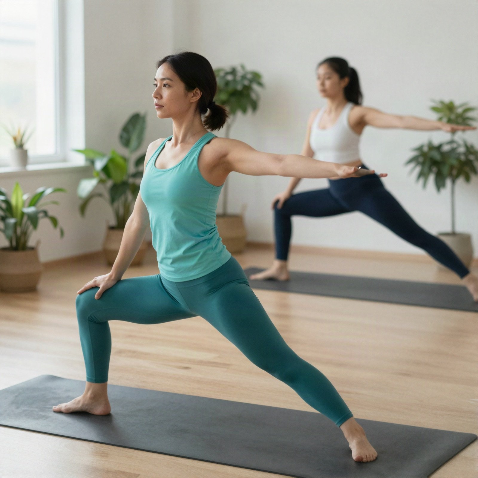 Women holding warrior pose in a bright yoga studio