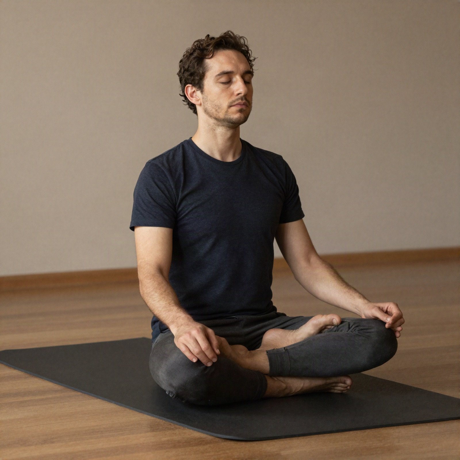 A man meditating cross-legged on a yoga mat