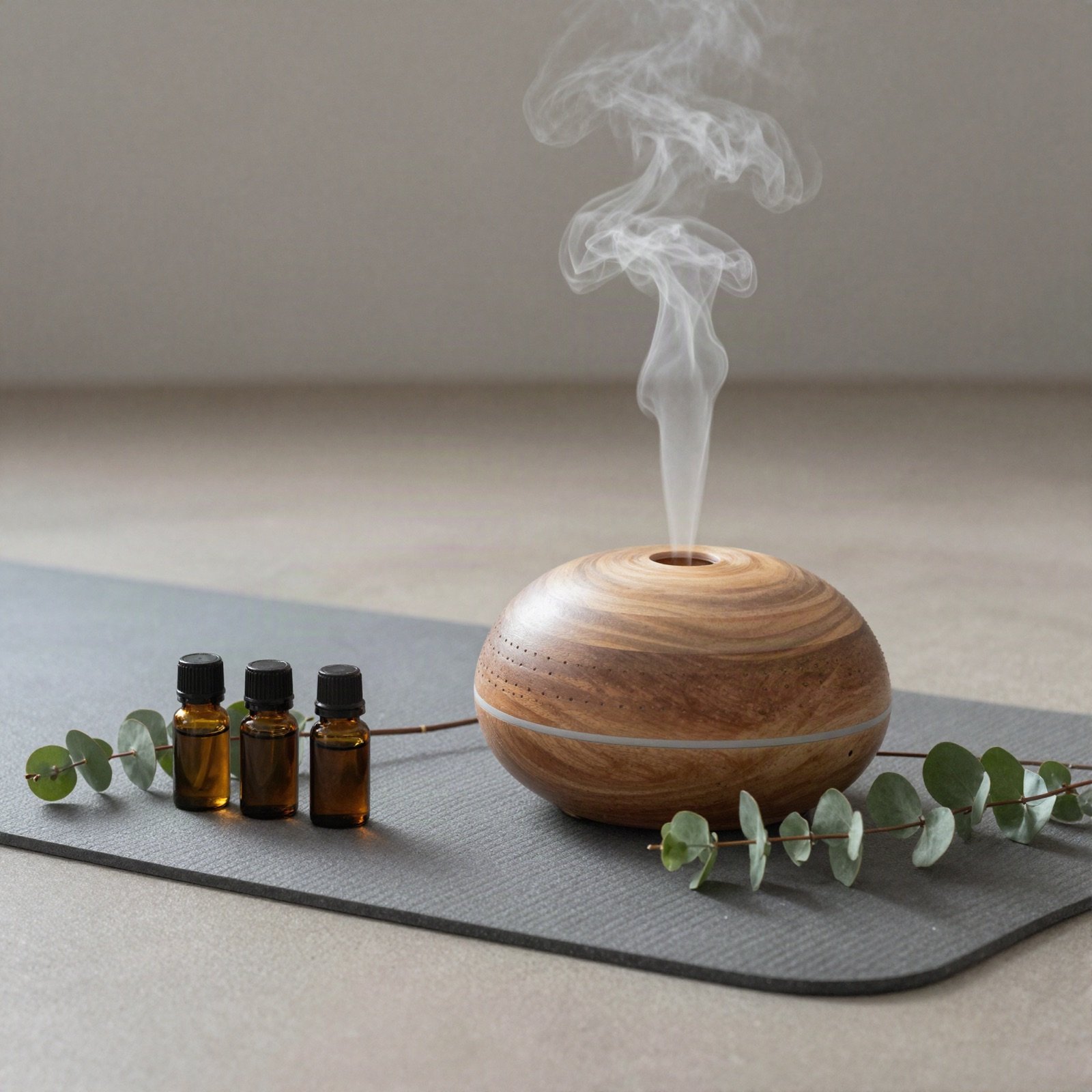 Essential oil diffuser and oil bottles beside a yoga mat