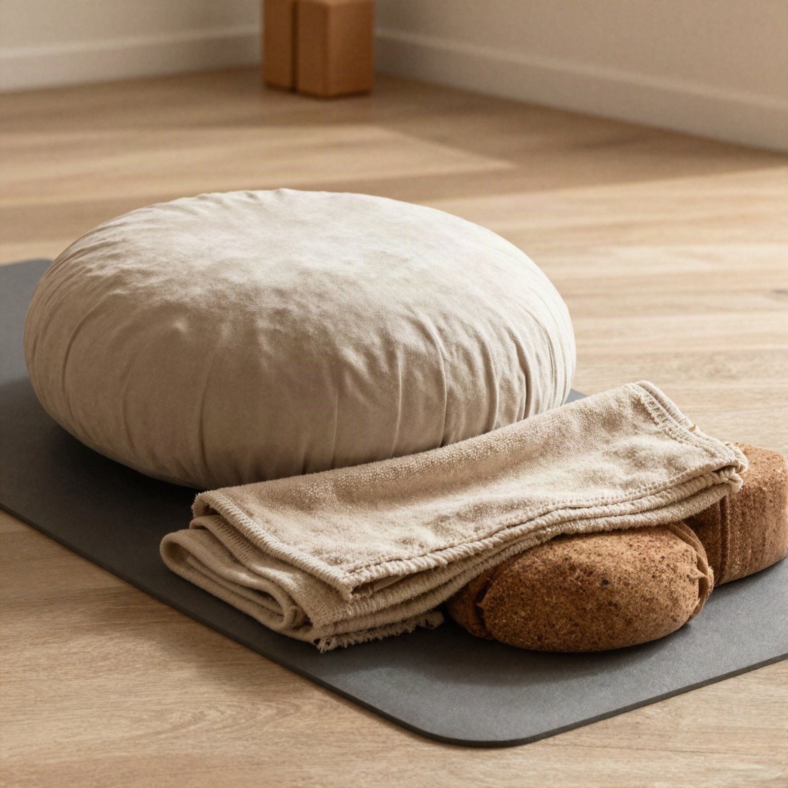 Bolster, blanket and cork blocks set up for restorative yoga