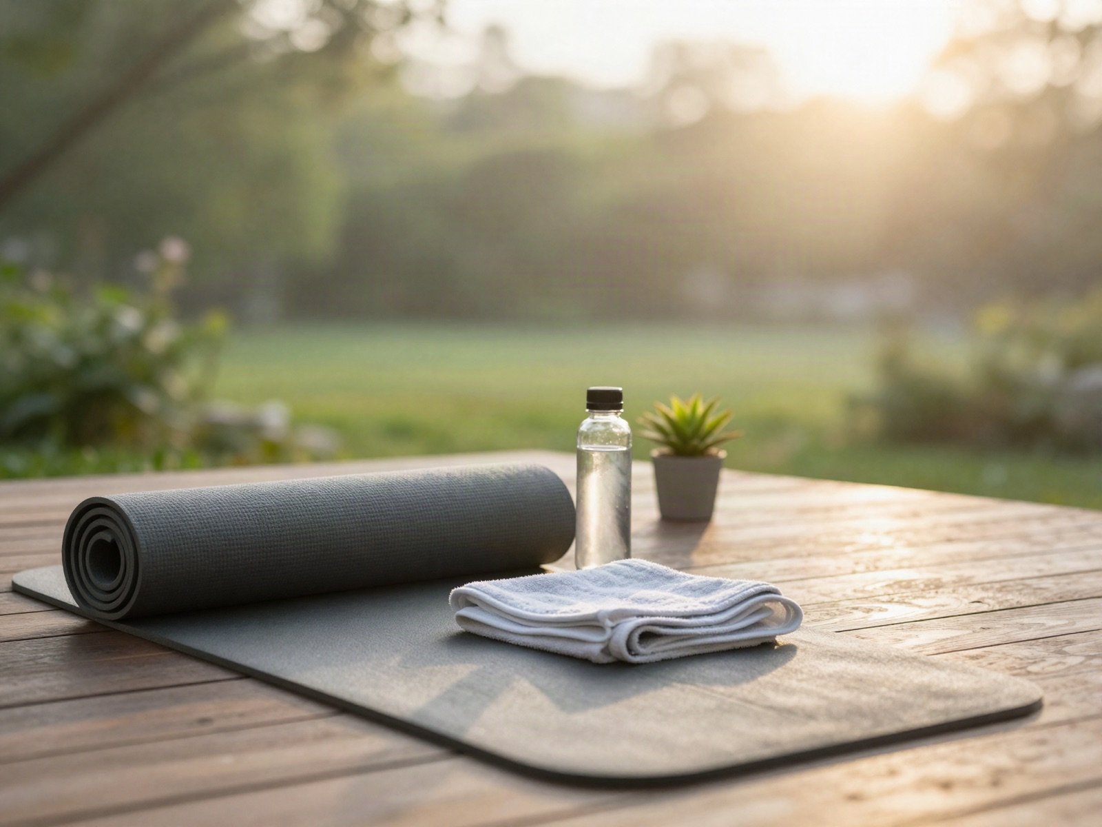 Yoga mat, towel and water bottle on a wooden terrace at sunrise
