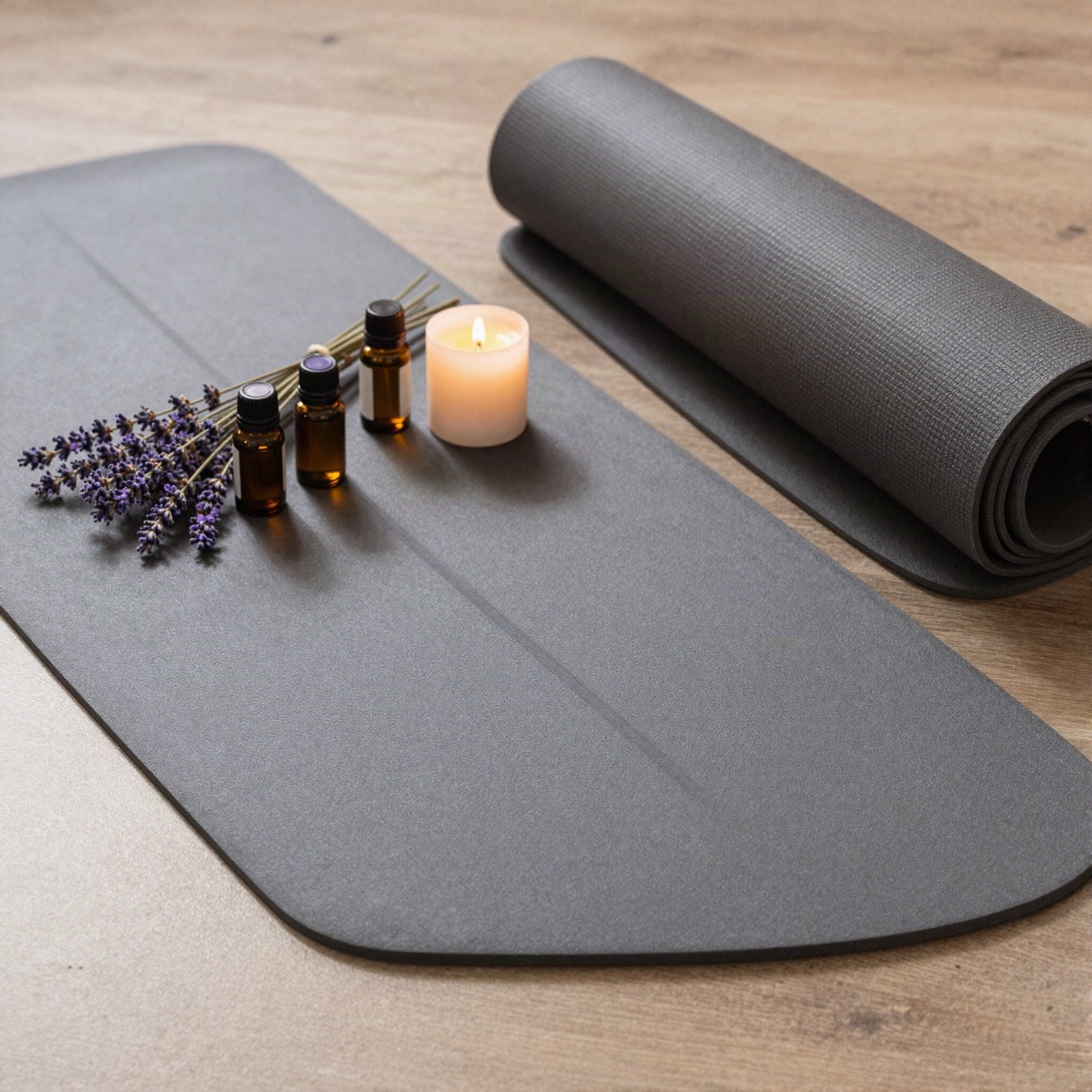 Yoga mat with lavender, essential oil bottles and a lit candle