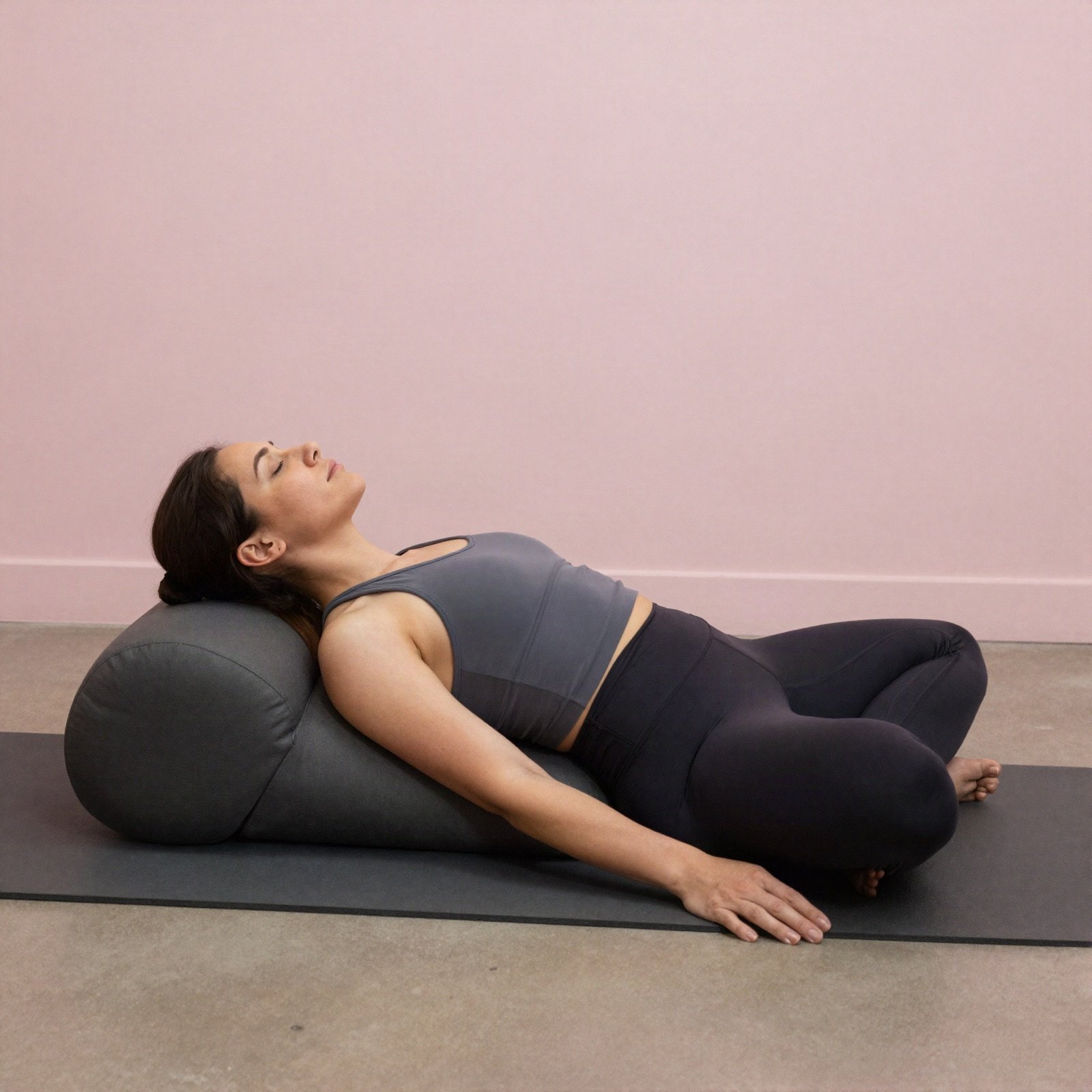 Woman resting back over a bolster in a restorative pose