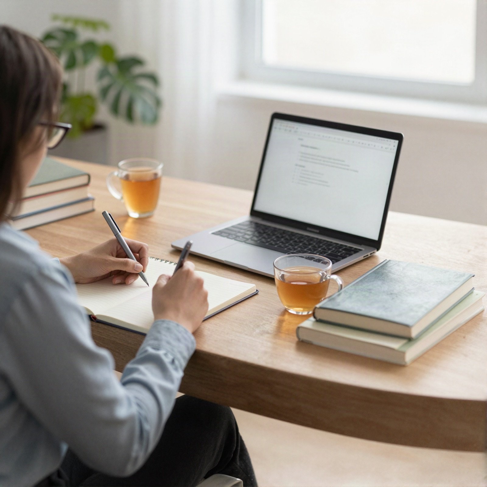Woman writing in a notebook at a desk with a laptop, tea and books