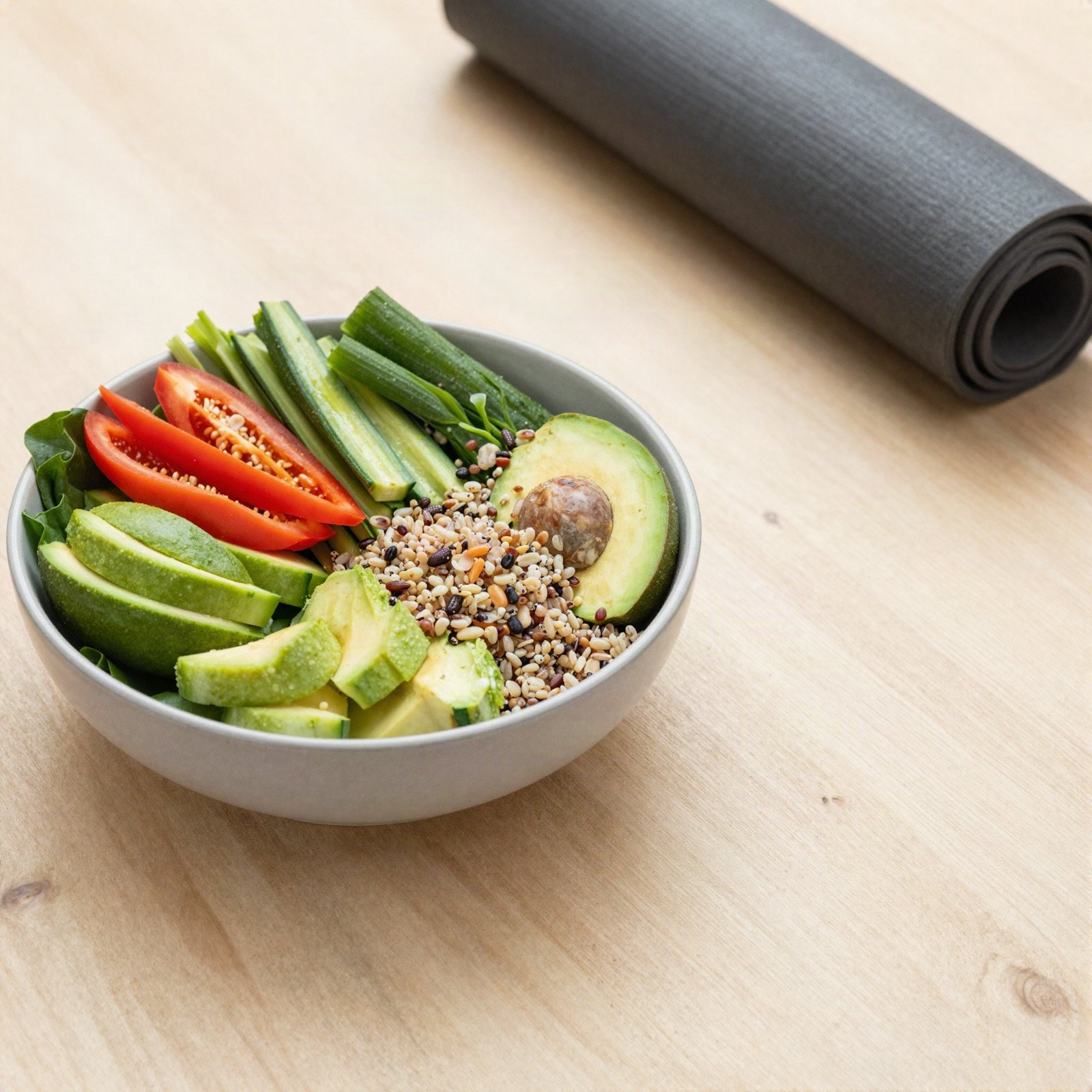 Healthy bowl of vegetables, grains and avocado beside a rolled yoga mat