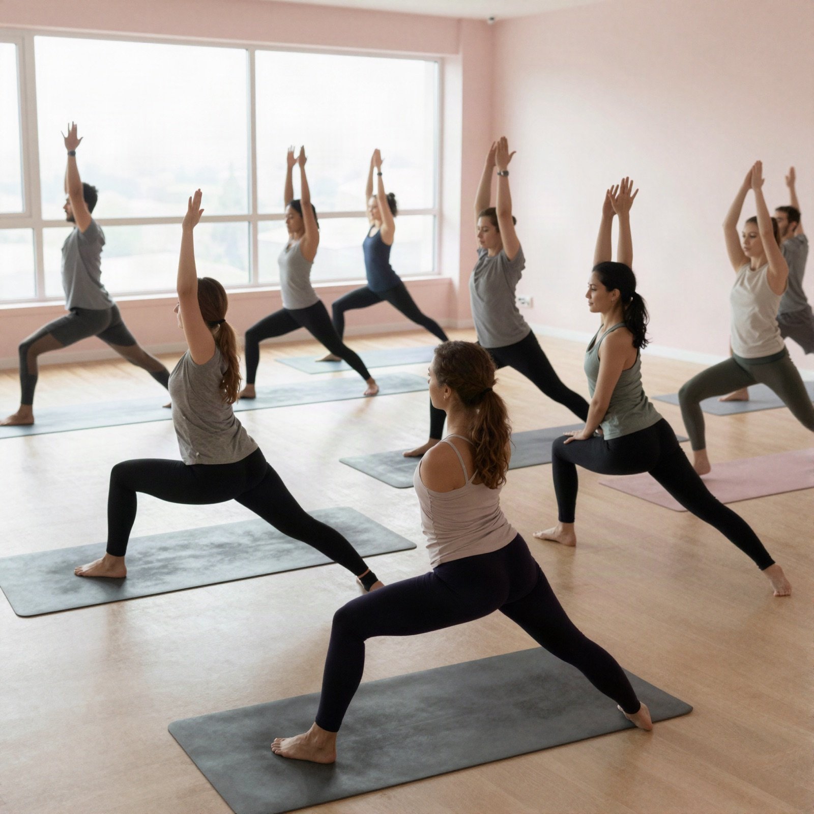 Group class holding warrior two in a bright studio