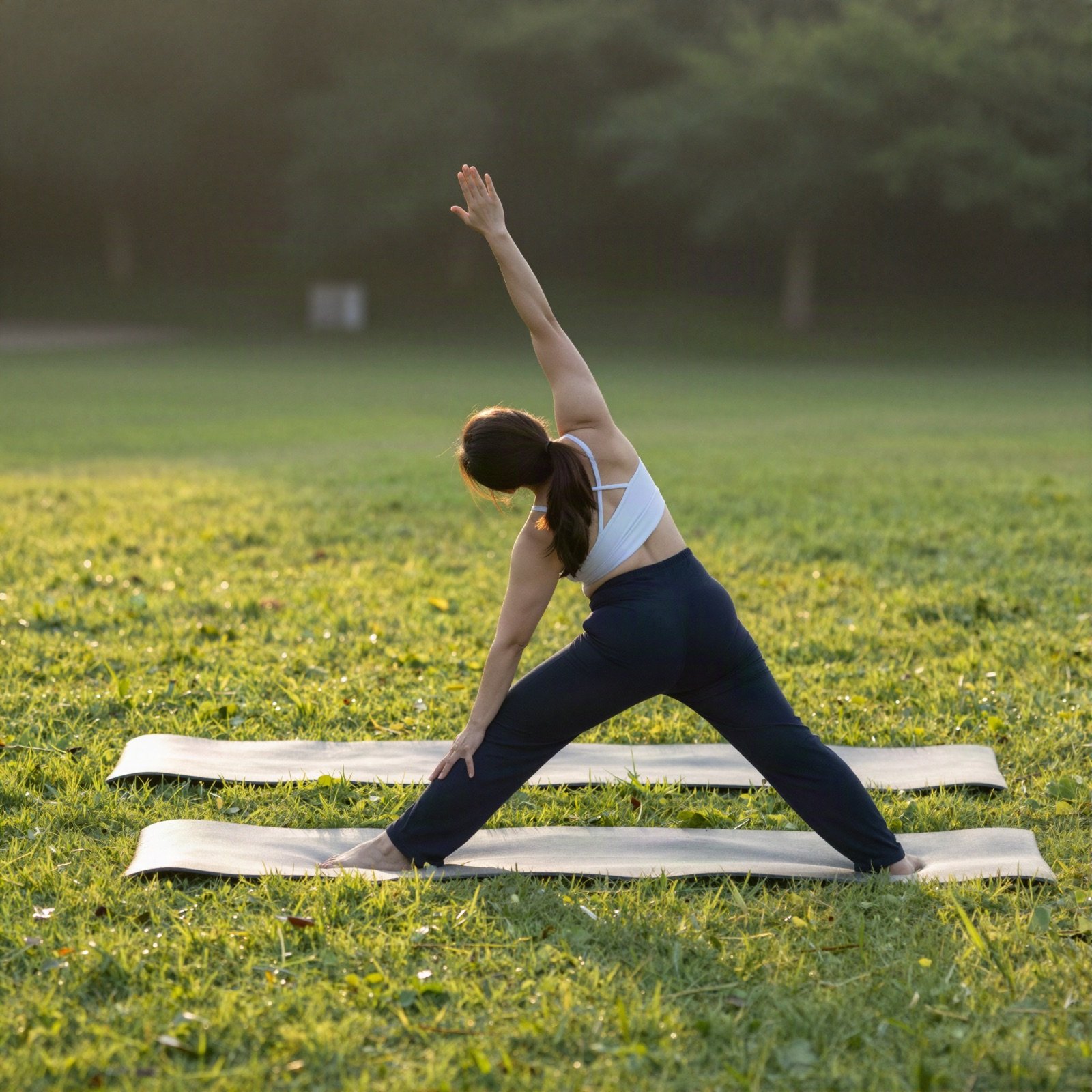 Woman in a triangle stretch on a lawn at sunrise