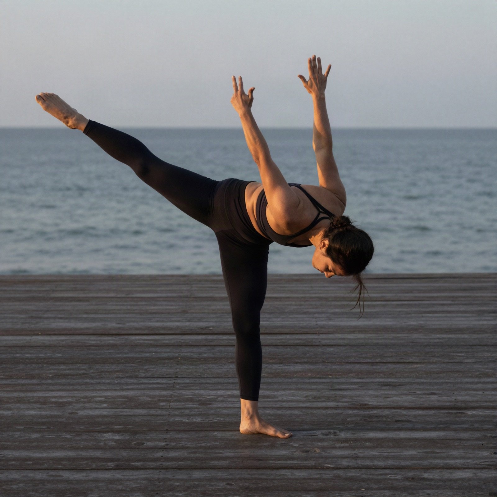 Woman balancing in a standing split on a deck by the sea